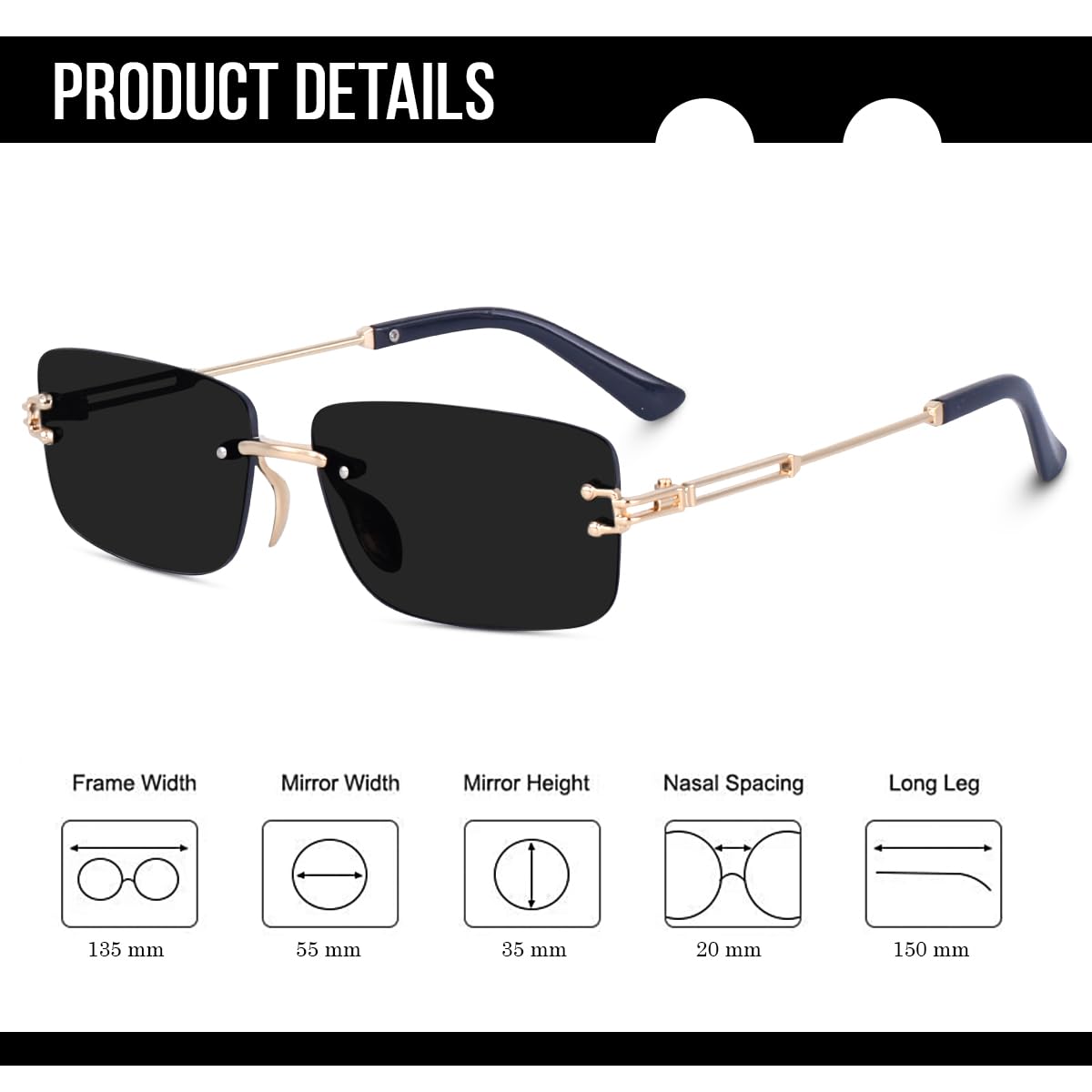 Dervin UV Protected Retro Rectangular Rimless Sunglasses for Men and Women (Black)