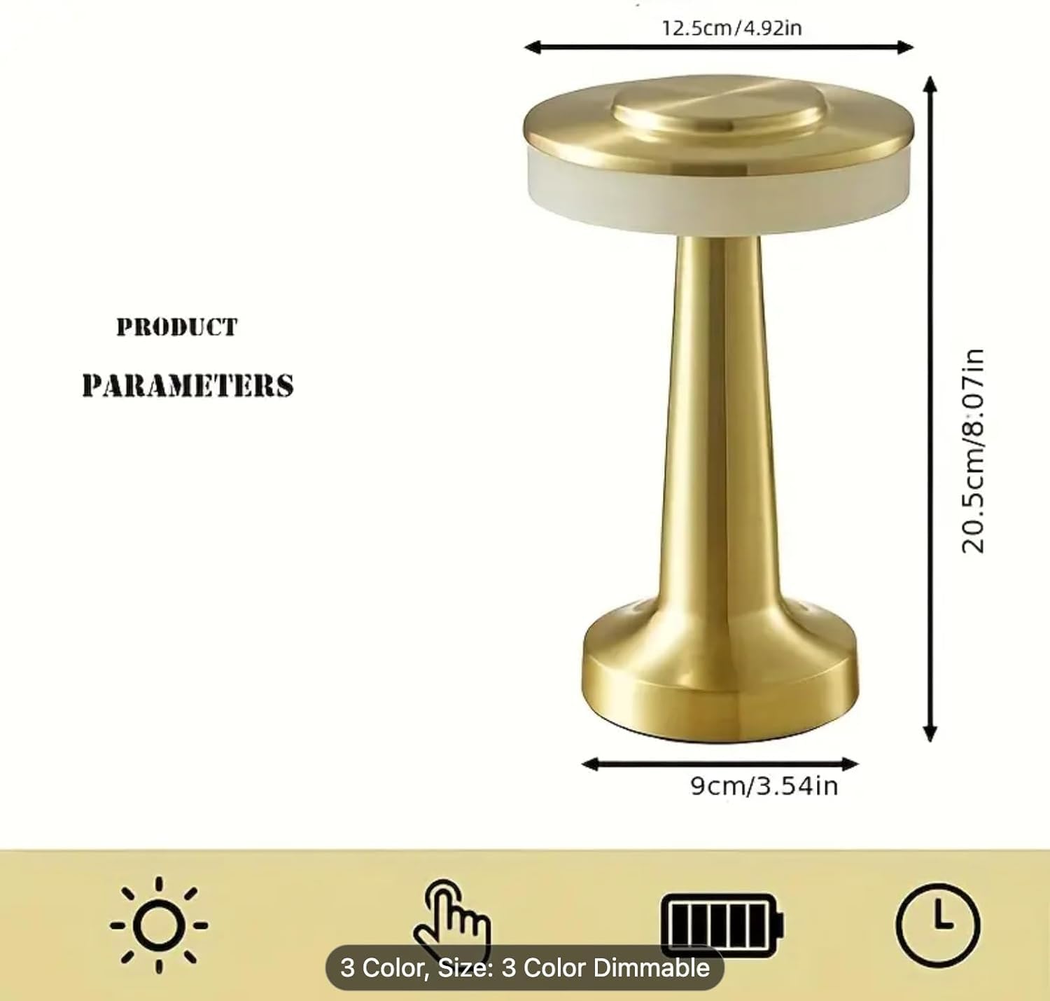 NYRWANA Table Lamp | 2000mAh Battery | Home Decor, Lamp, Lamps for Bedroom and Living Room, Stepless Dimming, 3 Colour Touch Control, USB-C Charging (Metal - Gold)
