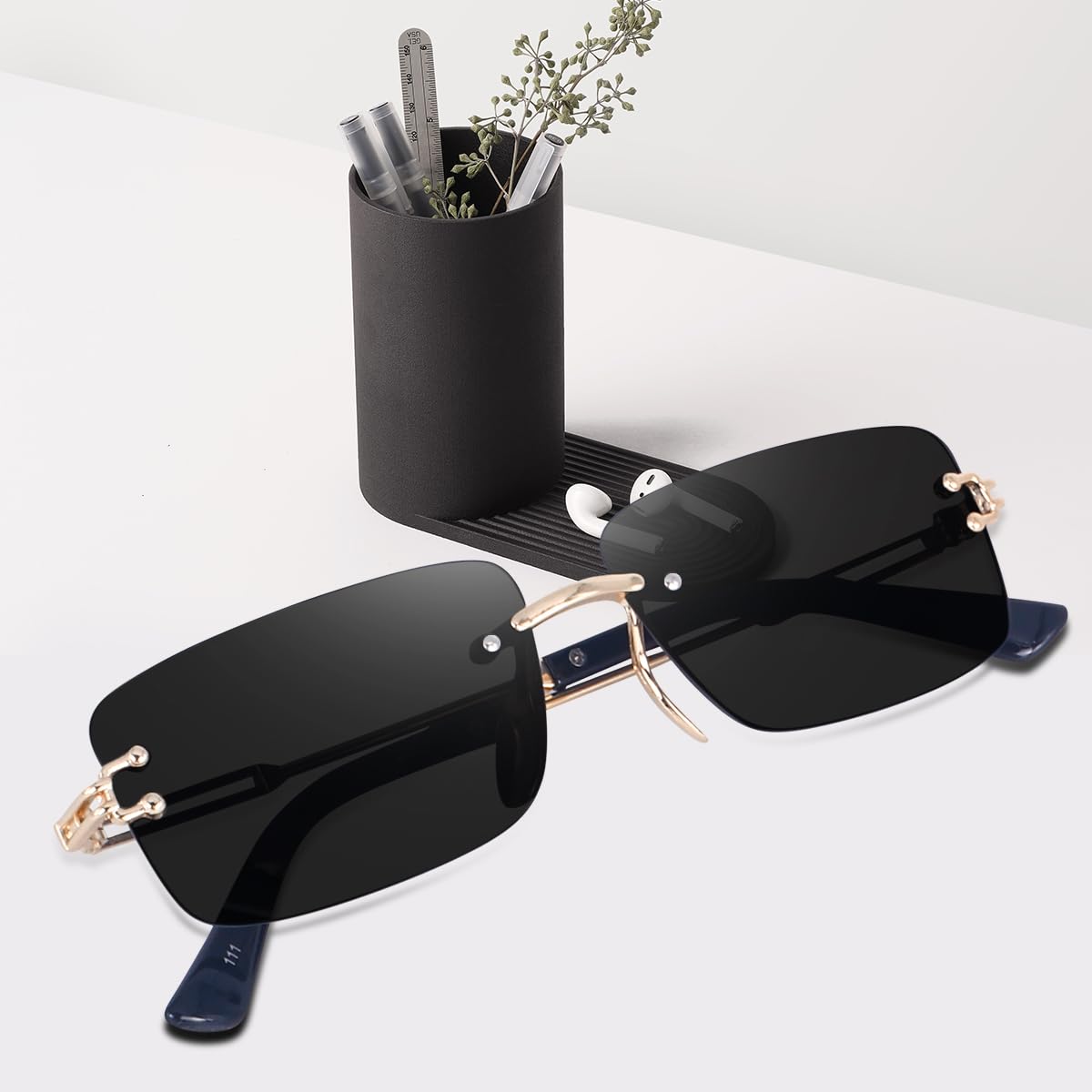 Dervin UV Protected Retro Rectangular Rimless Sunglasses for Men and Women (Black)