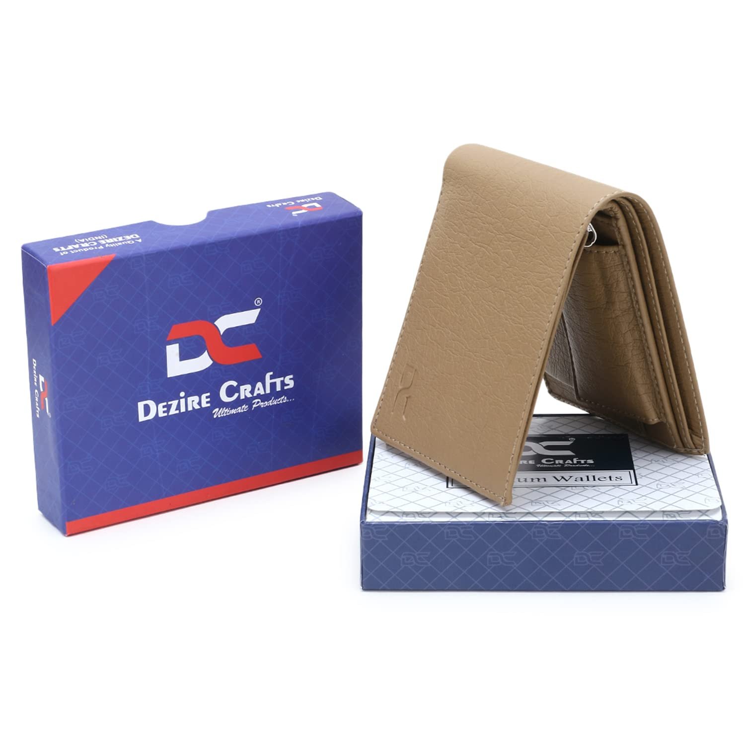 Dezire Crafts PU Leather Wallet for Men | Slim & Stylish | 3 Card Pockets, 1 Zipper Pocket, 1 Coin Pocket, 1 Currency Compartment, 2 Hidden Pockets (Cream)