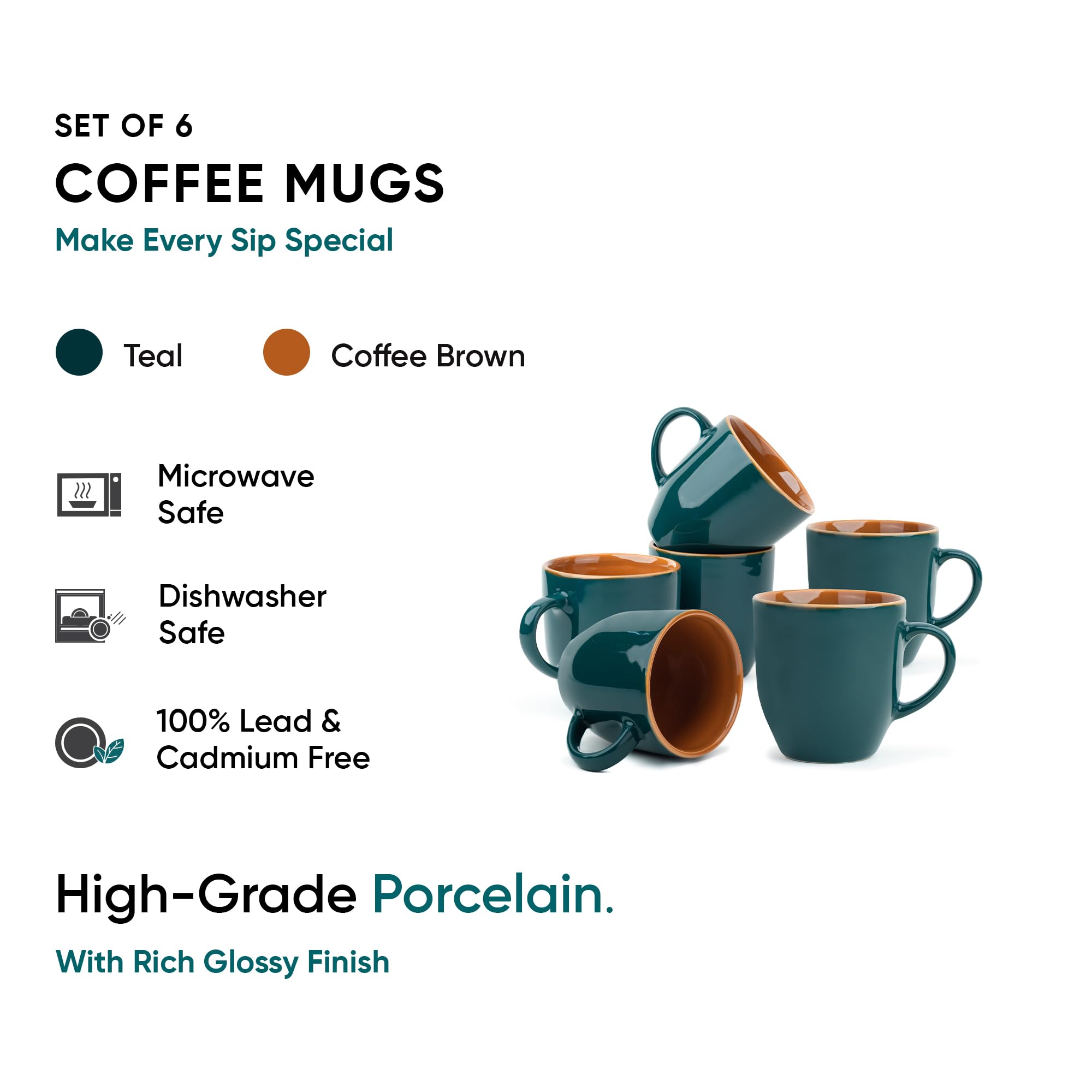 Shay Ceramic Coffee Mug Set, Set of 6, 300ml, Teal Green | Medium Mug | Glossy Finish | Stoneware Coffee Cup Set | Ceramic Cup | Microwave Safe (Teal Green Milk Mug, Set of 6)