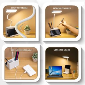 FLYNGO Plastic 3 Color Mode Led Study Table Desk Lamp For Students With Pen & Phone Holder, Rechargeable Touch On/Off Studying (204White)