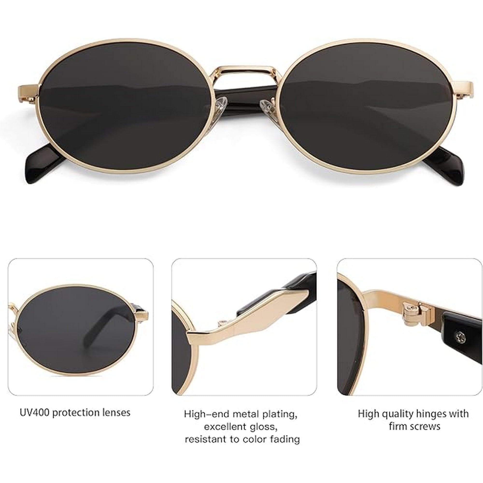 Dervin Retro Oval Sunglasses for Men & Women | Metal Frame | UV400 Protection | Durable, Stylish & Trending Shades (Gold-Black)