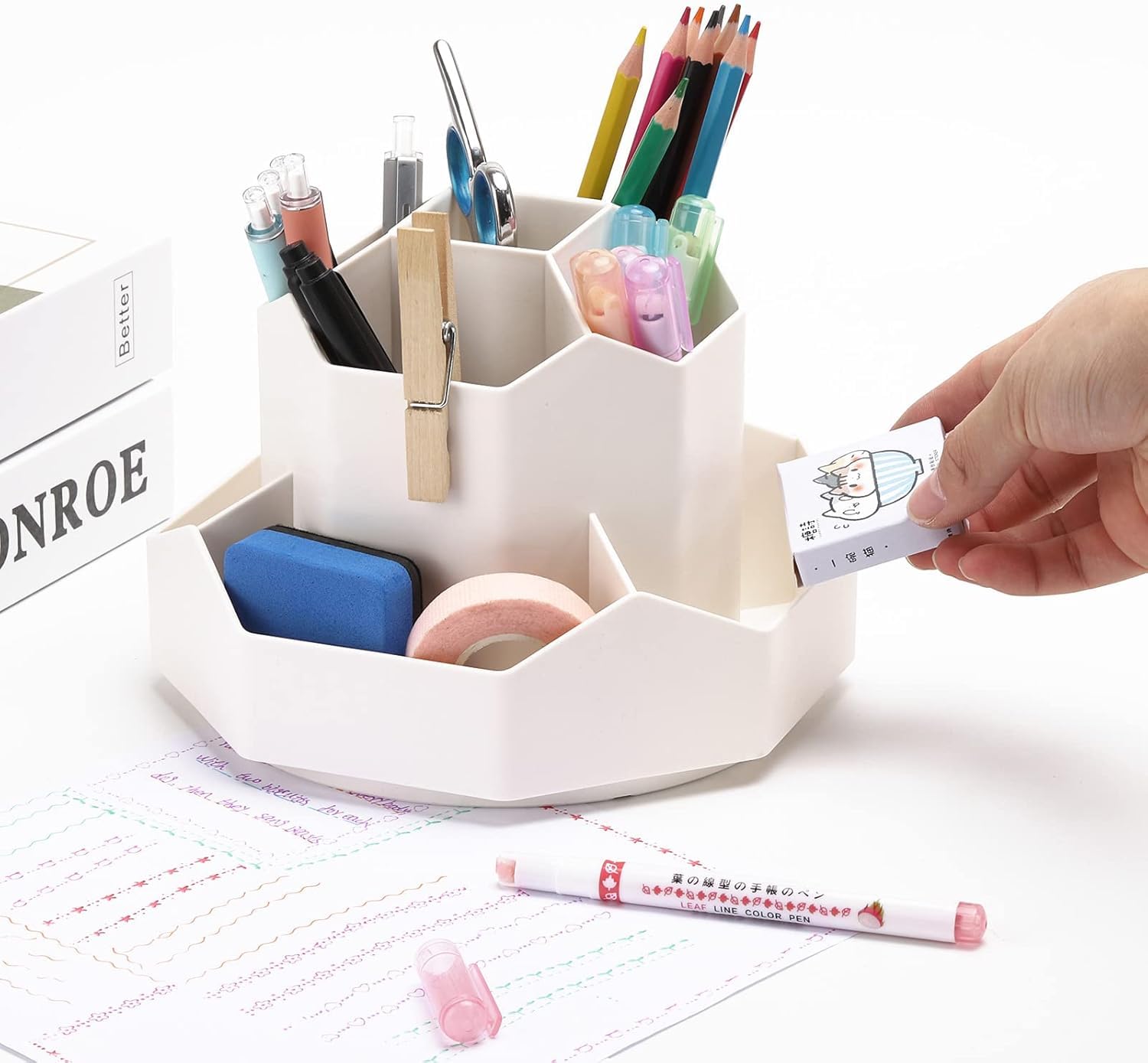 Accuprints 360-Degree Rotating Desk Organizer,Size 13 x 18 cm |Pen Pencil Holder with 9 Slot Desktop Organizer for Office Supplies Stationery Staplers Clips - White