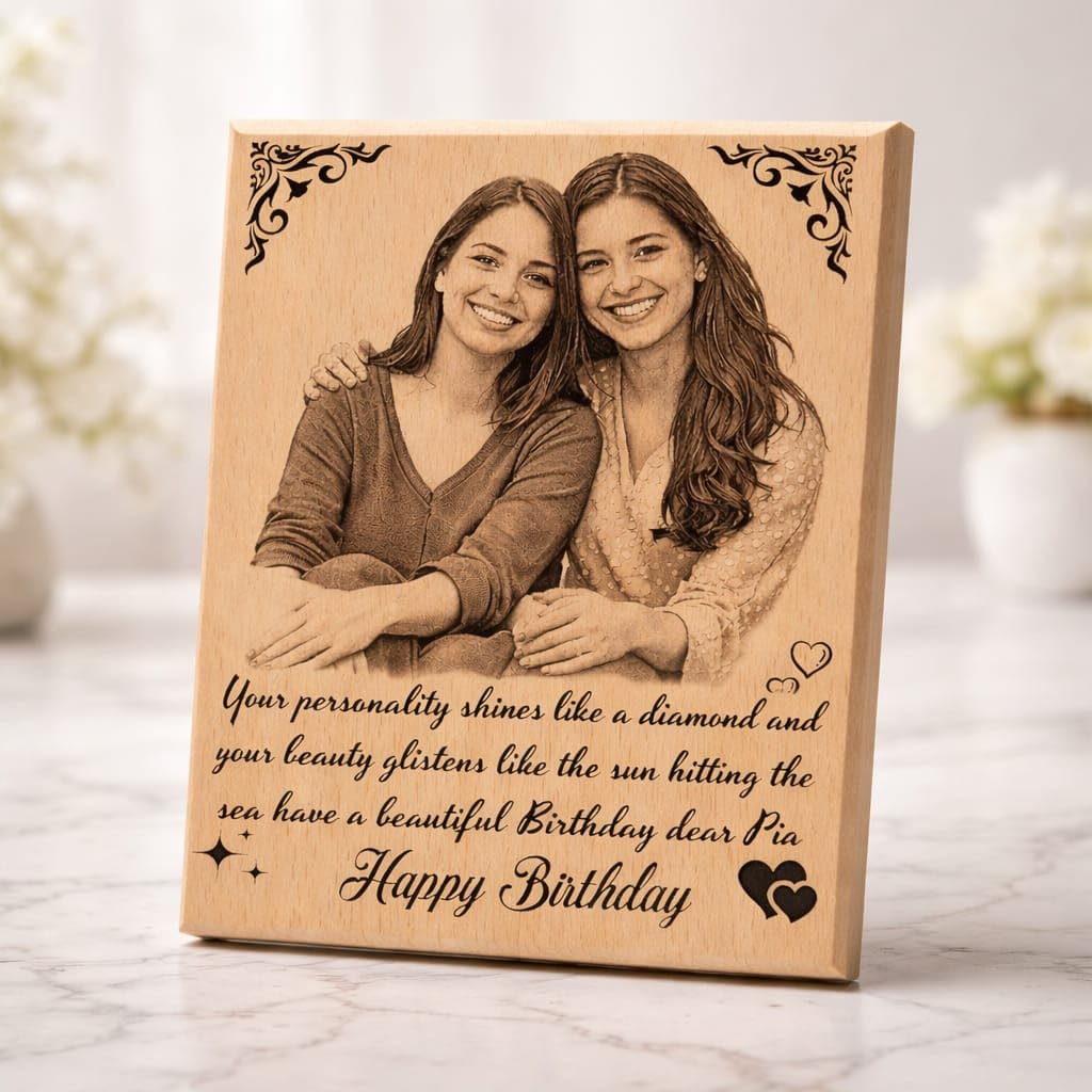 Ramsang Customised Wooden Photo Frame with Engraved Photo & Message Tabletop, Rectangular Photo Plaque for Best Friends Birthday, Anniversary (4x5 Inch)