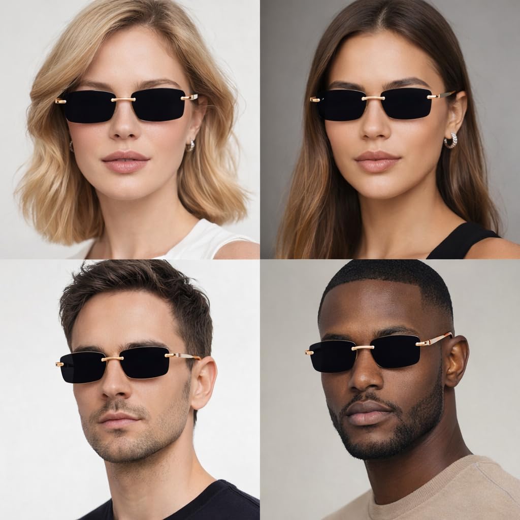 Dervin UV Protected Retro Rectangular Rimless Sunglasses for Men and Women (Black)