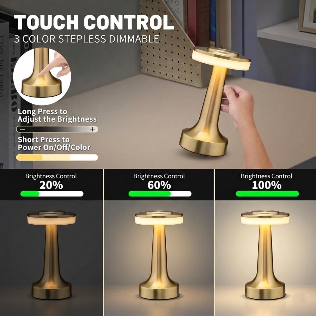 NYRWANA Table Lamp | 2000mAh Battery | Home Decor, Lamp, Lamps for Bedroom and Living Room, Stepless Dimming, 3 Colour Touch Control, USB-C Charging (Metal - Gold)
