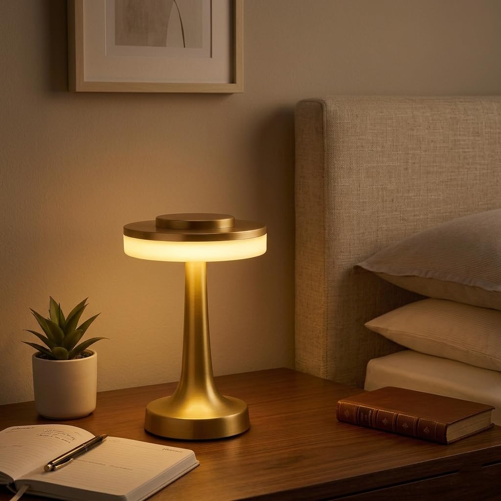NYRWANA Table Lamp | 2000mAh Battery | Home Decor, Lamp, Lamps for Bedroom and Living Room, Stepless Dimming, 3 Colour Touch Control, USB-C Charging (Metal - Gold)