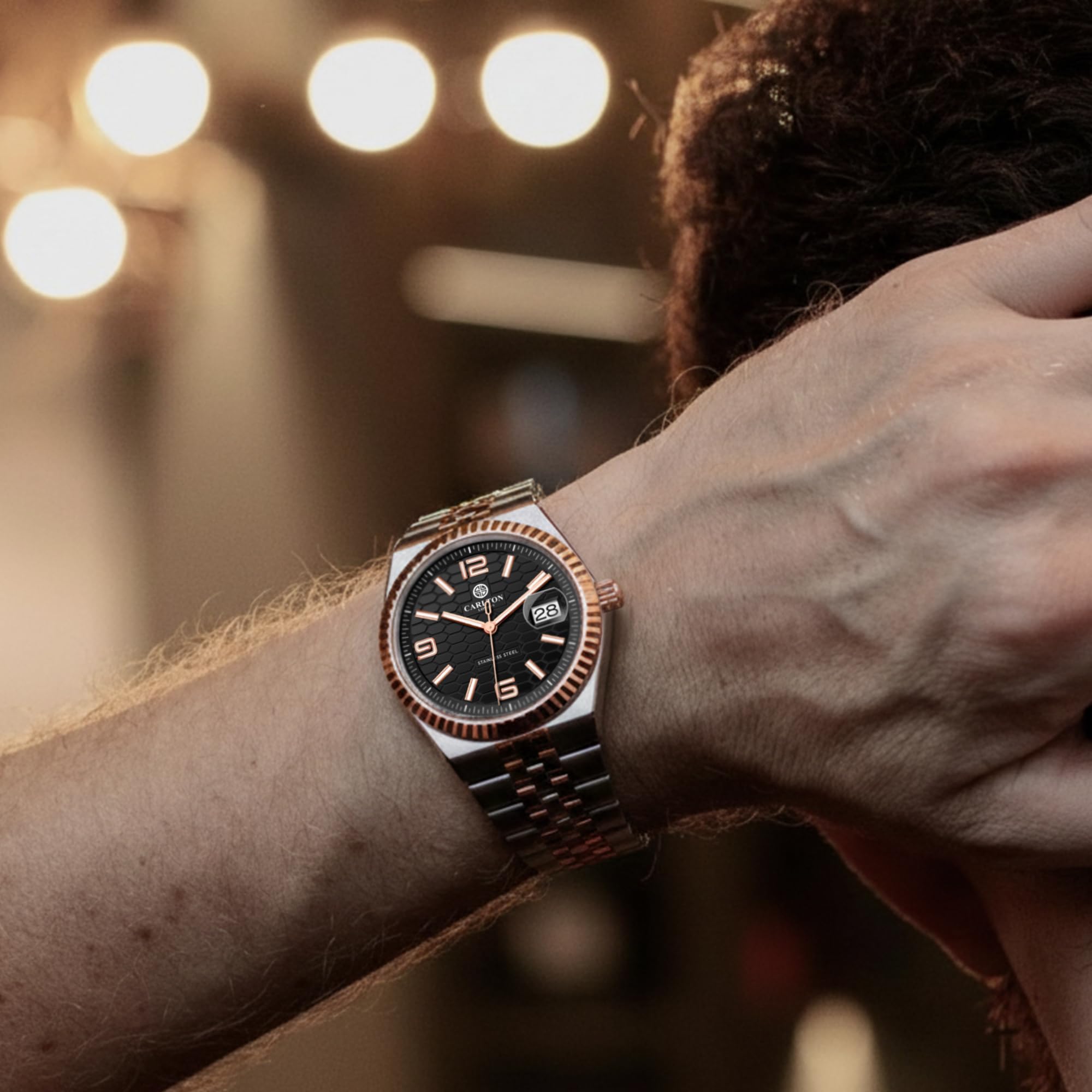 Carlton London Men Rover Analog Watch | Round Dial | Rose Gold Stainless Steel Strap | Quartz Movement | Mineral Glass | 40mm | Water Resistant | Casual & Formal Watch (Rose Gold Black)