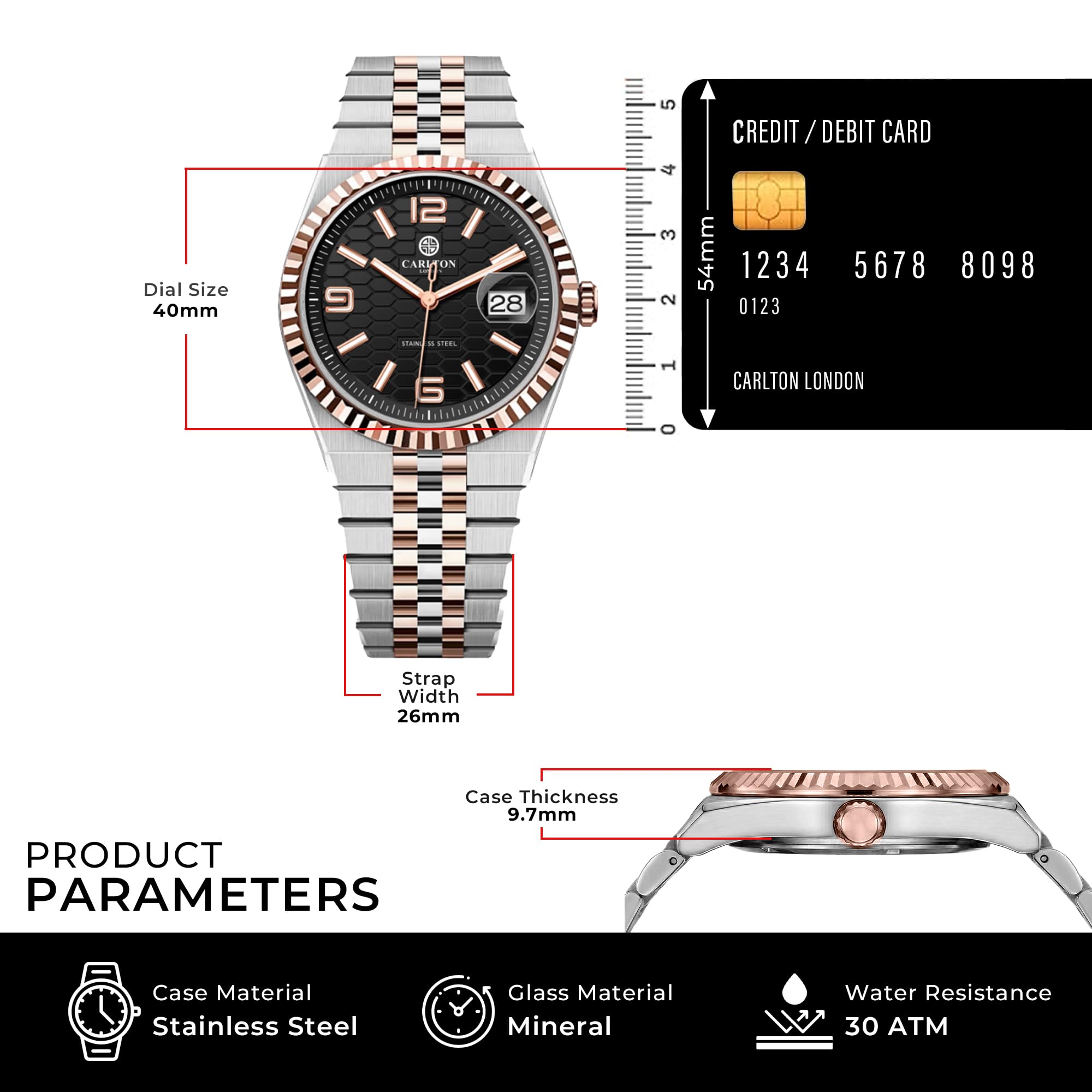 Carlton London Men Rover Analog Watch | Round Dial | Rose Gold Stainless Steel Strap | Quartz Movement | Mineral Glass | 40mm | Water Resistant | Casual & Formal Watch (Rose Gold Black)