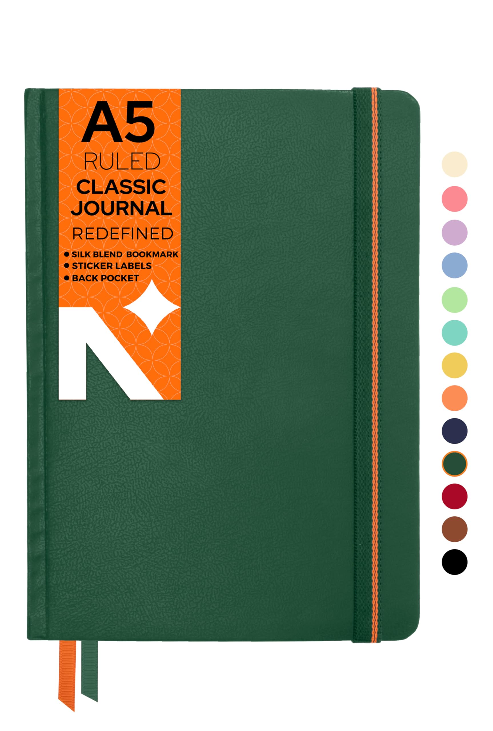 NEORAH — A5 Ruled Classic Notebook -110 Gsm (210x148mm) -Hardcover Ruled Journal| Includes Book Marks| BackPocket |Sticker Label - Office Notebook Journal 160pages | Completely HANDMADE (DARK GREEN)