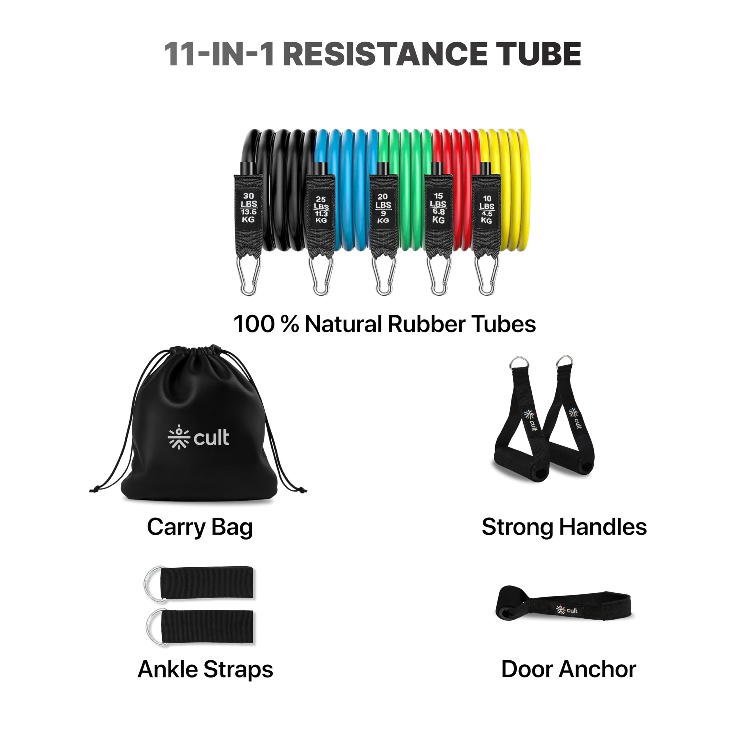 Cult Resistance Bands Set of 11 with Handles, Door Anchor, Ankle Straps & Carry Bag – Heavy Duty Toning Tubes for Full Body Workout, Strength Training, Home Gym & Fitness (Up to 45kg Resistance)