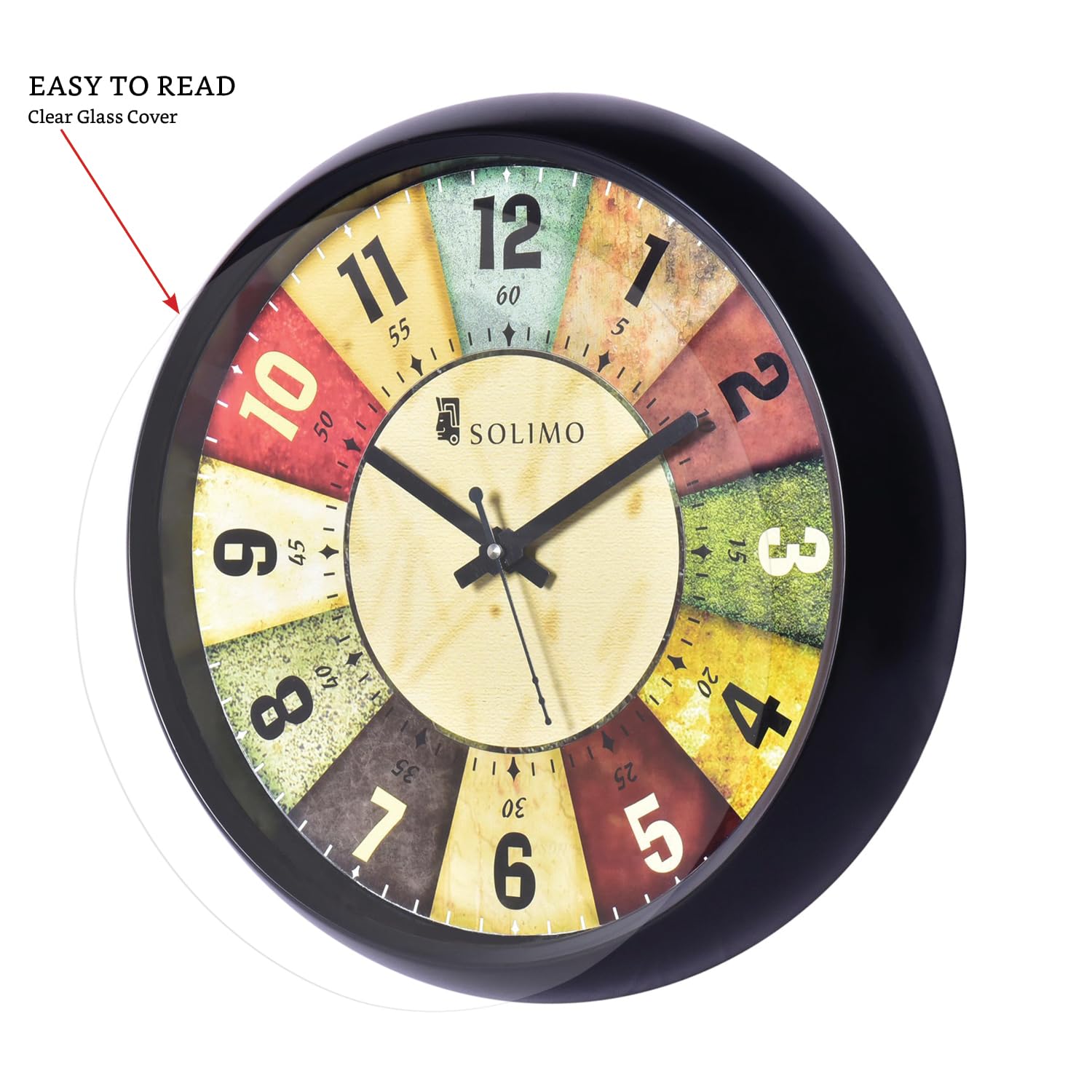 Amazon Brand - Solimo 12-inch Plastic & Glass Analog Wall Clock - Classic Roulette (Silent Movement, Black Frame)