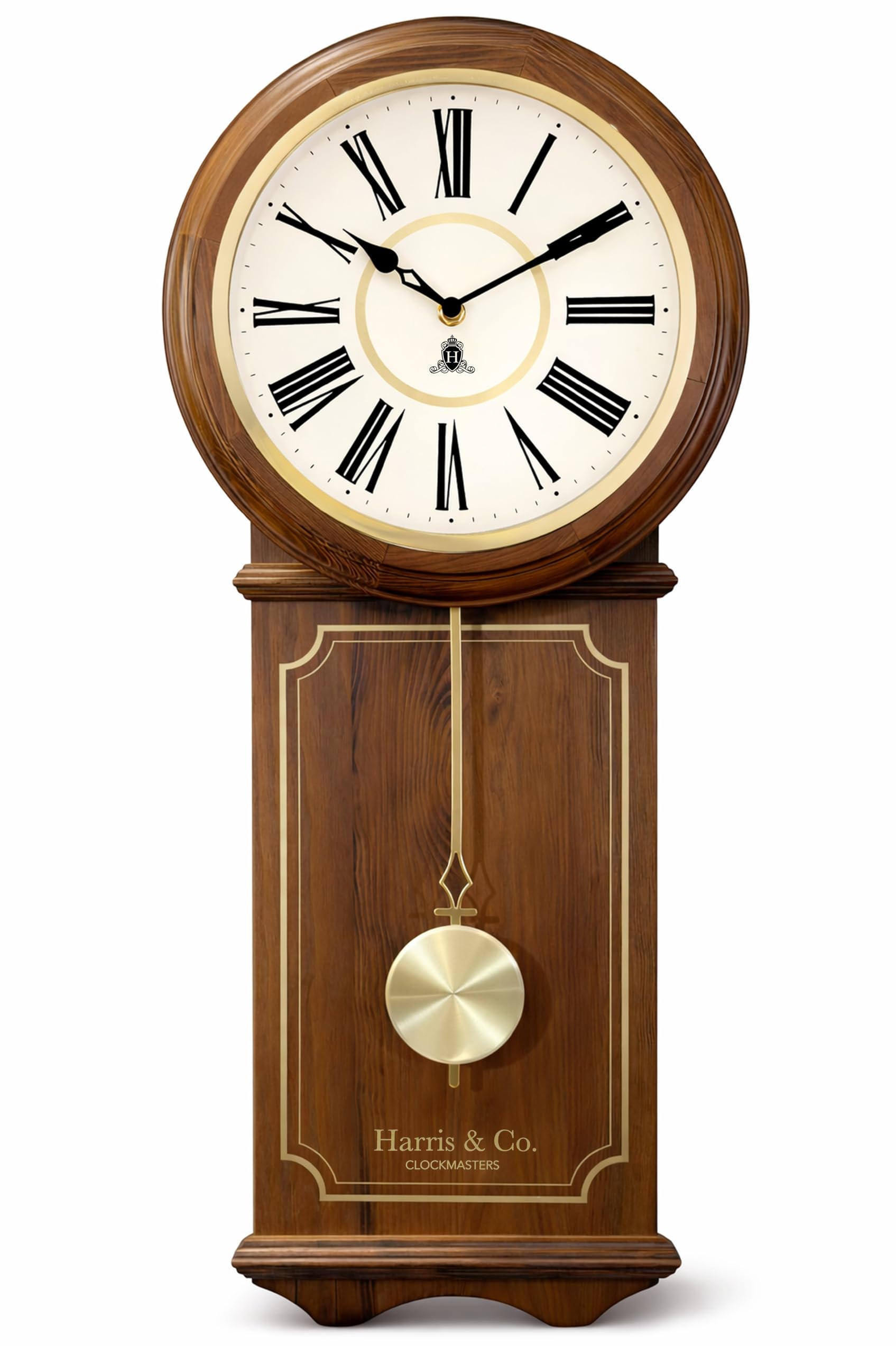 HARRIS & CO. CLOCKMASTERS Wooden Pendulum Wall Clock Luxe Edition 26.5 x 11.5 Inch | Silent Sweep Noiseless Movement | White Metal Roman Dial | Gold Accents & HD Clear Glass | Model-Hyde Park