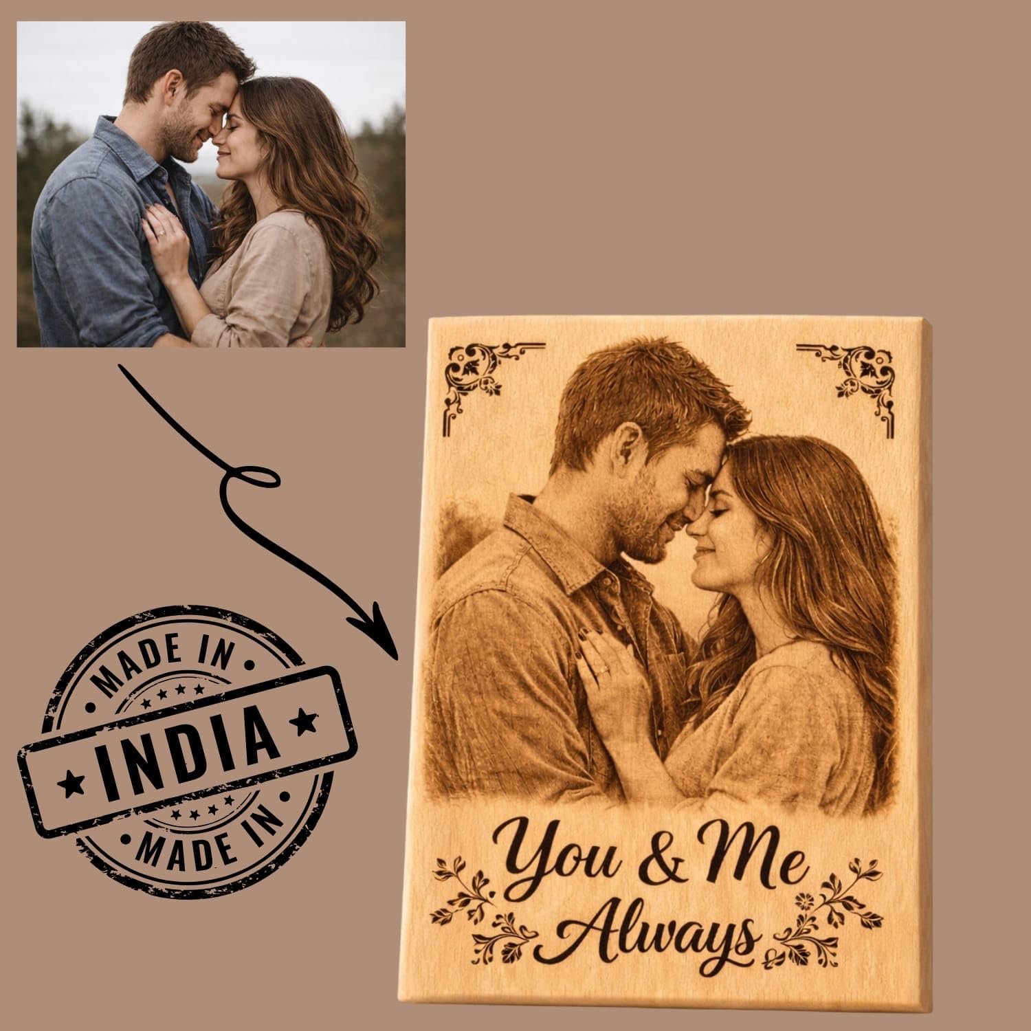 Ramsang Customised Wooden Photo Frame with Engraved Photo & Message Tabletop, Rectangular Photo Plaque for Best Friends Birthday, Anniversary (4x5 Inch)