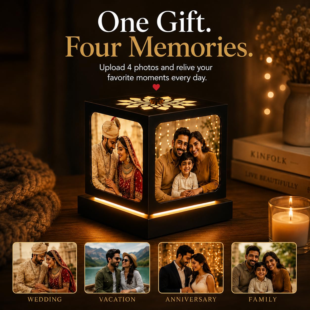 Personalized Rotating Photo Lamp with 4 Photos for Couples – Nostalgia, Romantic Anniversary Special Gifts for Wife, Husband & Girlfriend | Customized LED Memory Lamp for Birthday & Wedding