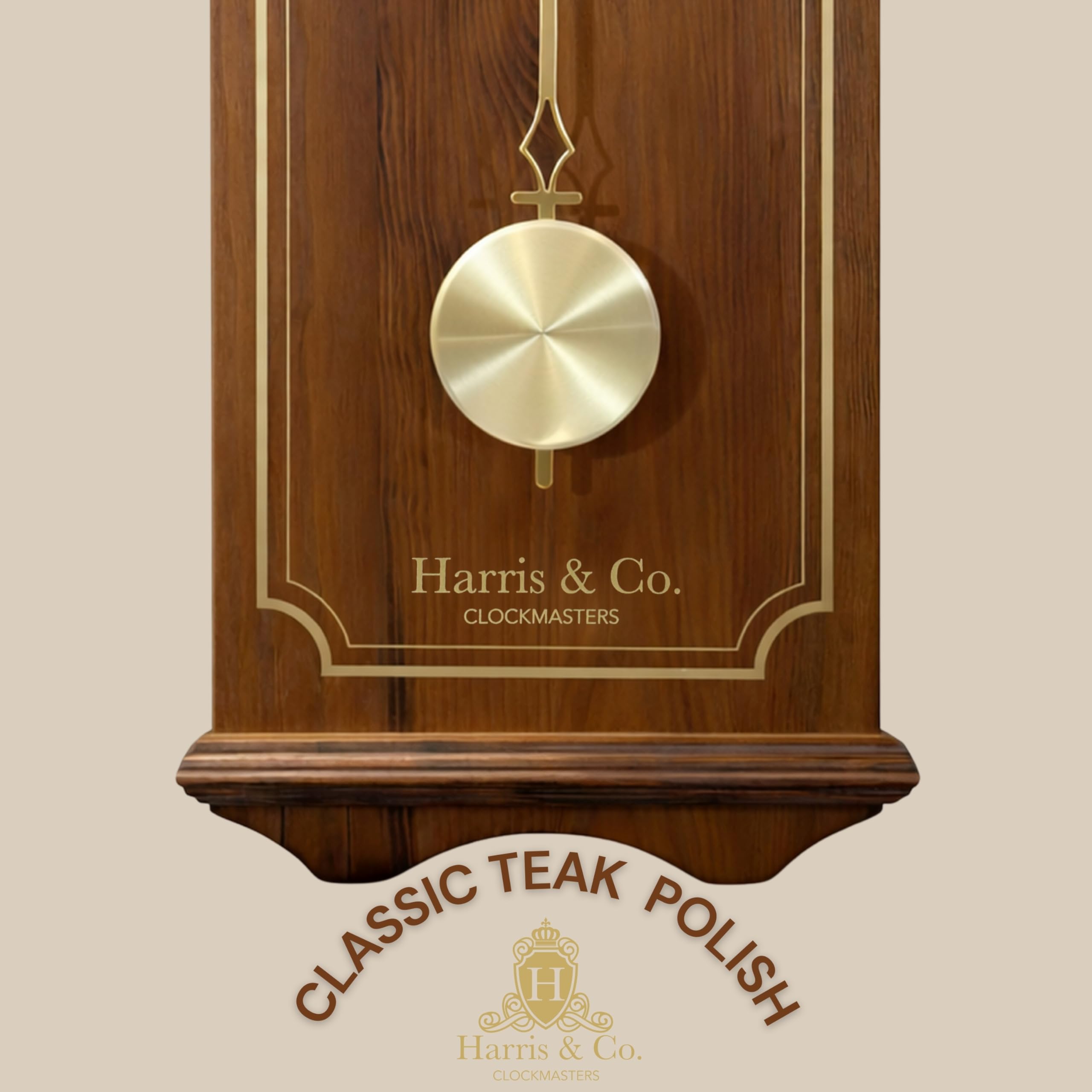 HARRIS & CO. CLOCKMASTERS Wooden Pendulum Wall Clock Luxe Edition 26.5 x 11.5 Inch | Silent Sweep Noiseless Movement | White Metal Roman Dial | Gold Accents & HD Clear Glass | Model-Hyde Park