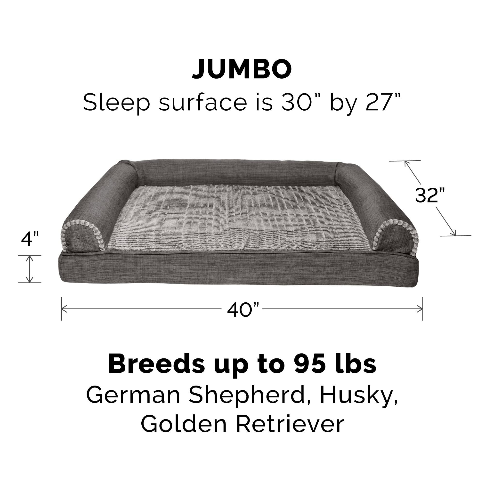 Furhaven Pet Bed for Dogs and Cats - Luxe Fur and Performance Linen Sofa-Style Cooling Gel Foam Dog Bed, Removable Machine Washable Cover - Charcoal, Jumbo (X-Large)