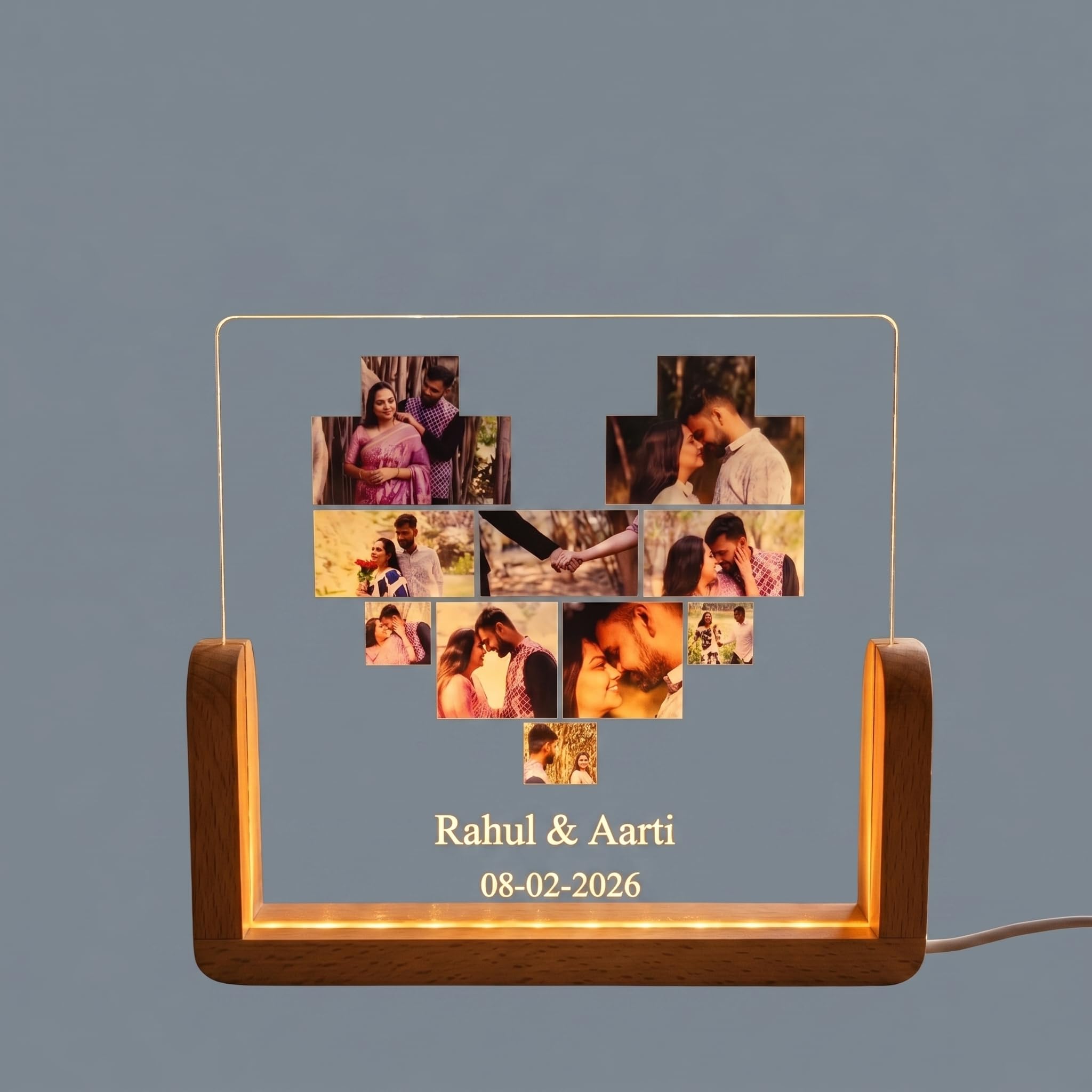 Innovative Gifts Personalized LED Photo Frame | Customized Acrylic Lamp with Warm Light & Wooden Base | Unique Wedding, Anniversary & Birthday Gift for Couples, Husband & Wife (Heart Theme, 8 Inches)