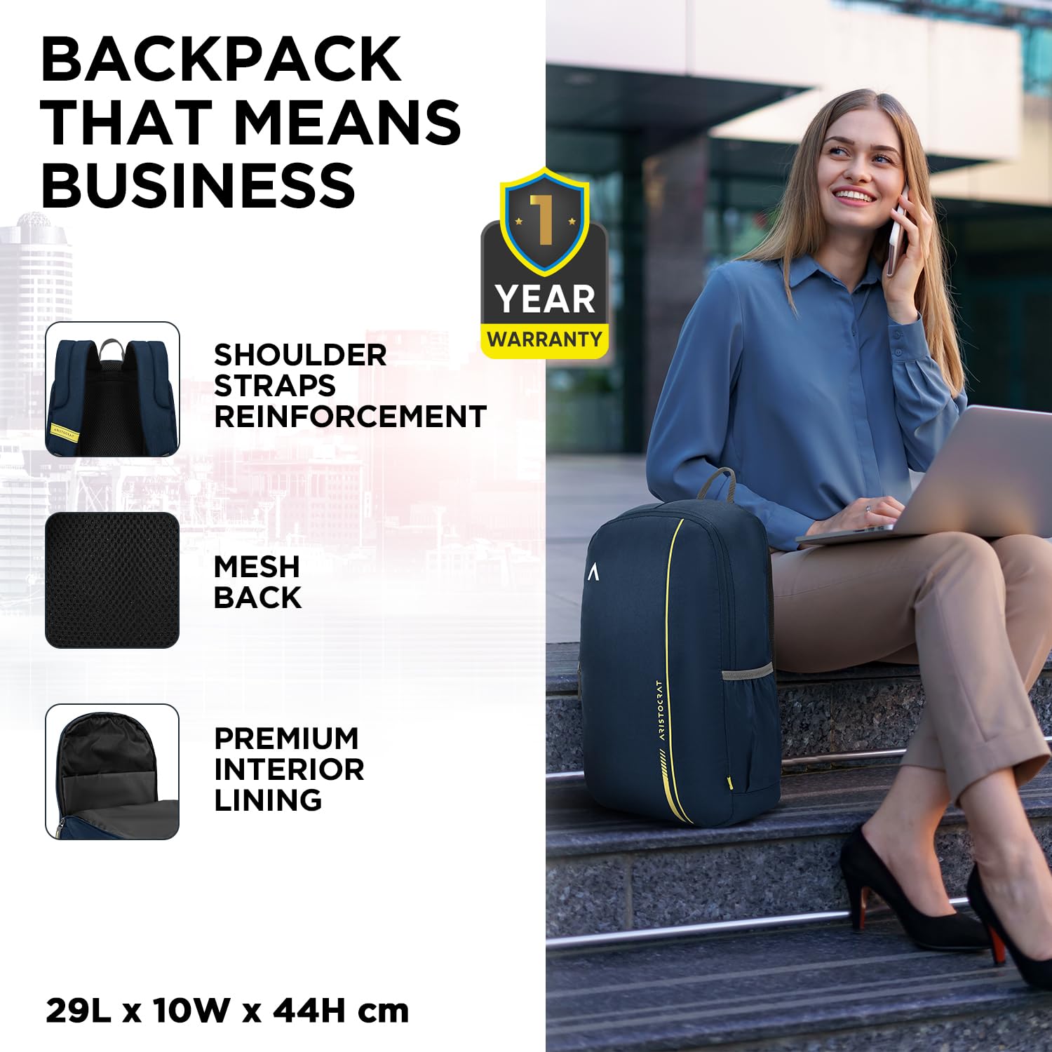 Nova 15L Laptop Backpack for Men & Women with Bottle Pocket | Padded Shoulder Straps, Multi Compartments | Travel & College Bag | Dark Blue