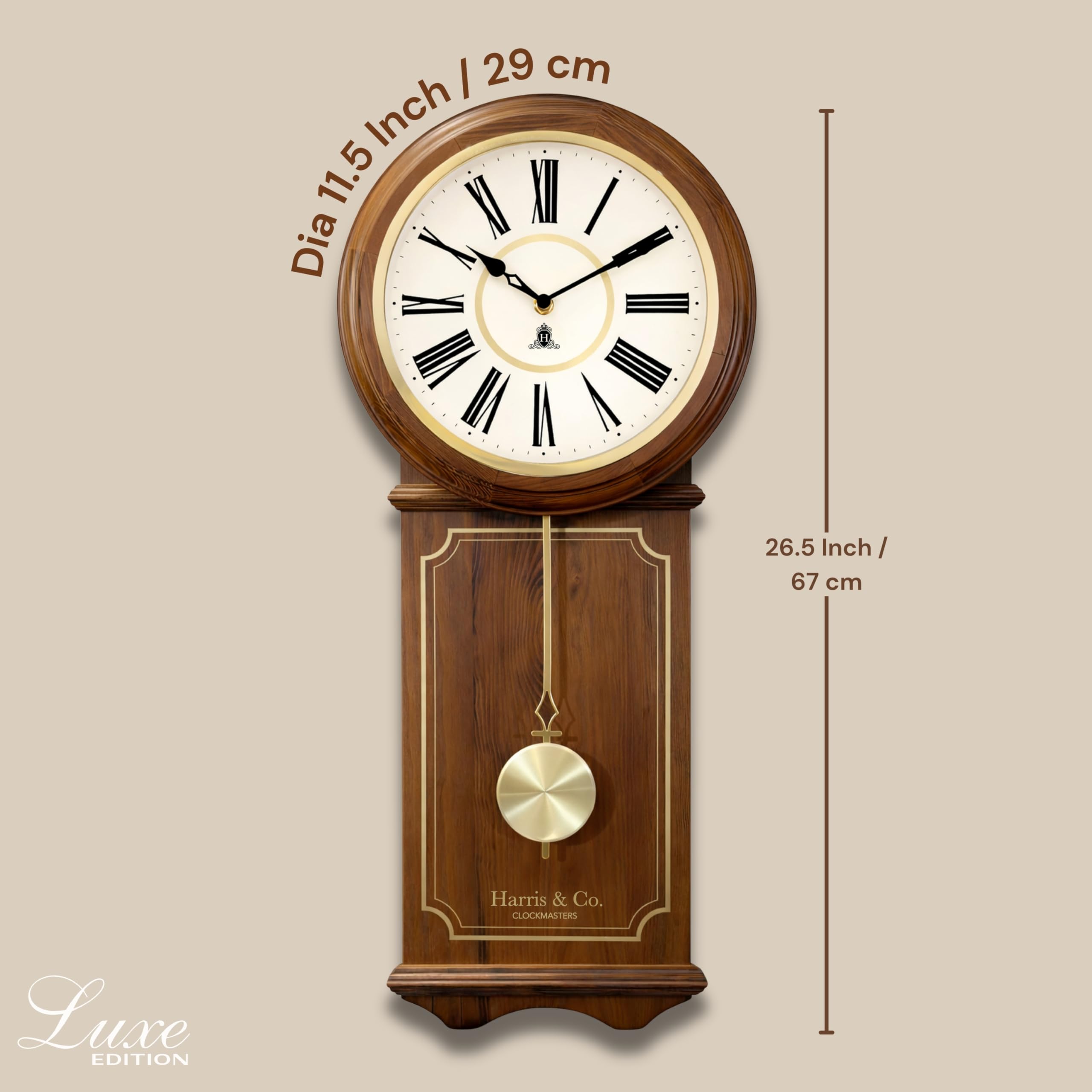 HARRIS & CO. CLOCKMASTERS Wooden Pendulum Wall Clock Luxe Edition 26.5 x 11.5 Inch | Silent Sweep Noiseless Movement | White Metal Roman Dial | Gold Accents & HD Clear Glass | Model-Hyde Park