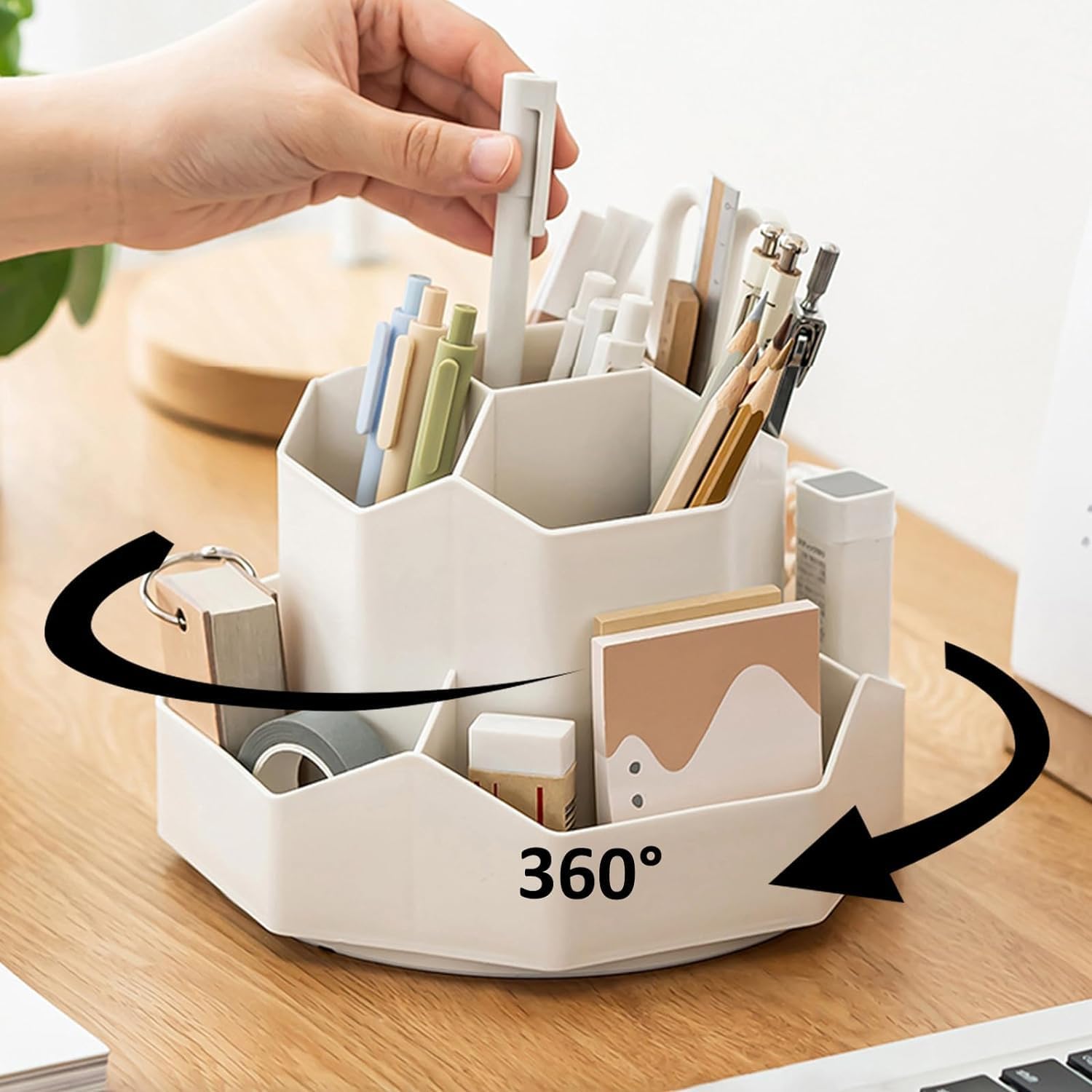 Accuprints 360-Degree Rotating Desk Organizer,Size 13 x 18 cm |Pen Pencil Holder with 9 Slot Desktop Organizer for Office Supplies Stationery Staplers Clips - White