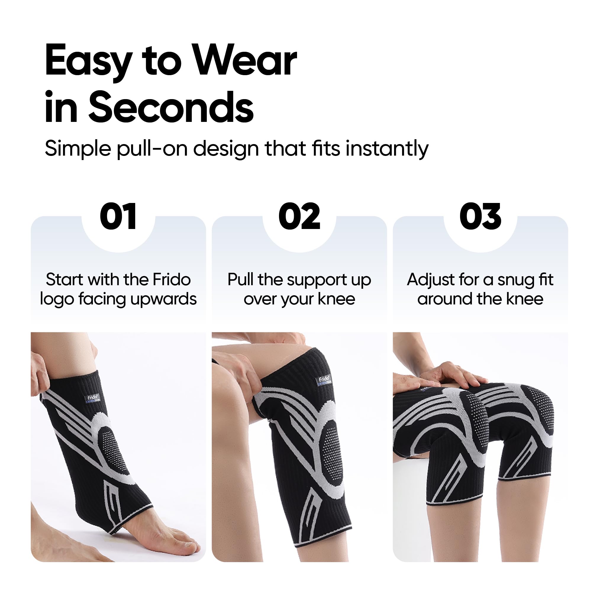 Frido Active Knee Cap Support for Men & Women | Active Compression for Pain Relief & Joint Support | Knee Sleeve for Gym, Running, Jogging, Sports & Workout | Anti-Sweat Knee Brace (1 Pair) Black, Large