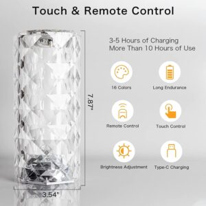 One94Store Crystal Lamp, 16 Color Changing Rose Diamond Table Lamp, USB Rechargeable Touch Night Lamp with Remote Control for Bedroom, Living Room, Party Decor (Multicolor Pack of 1) LED