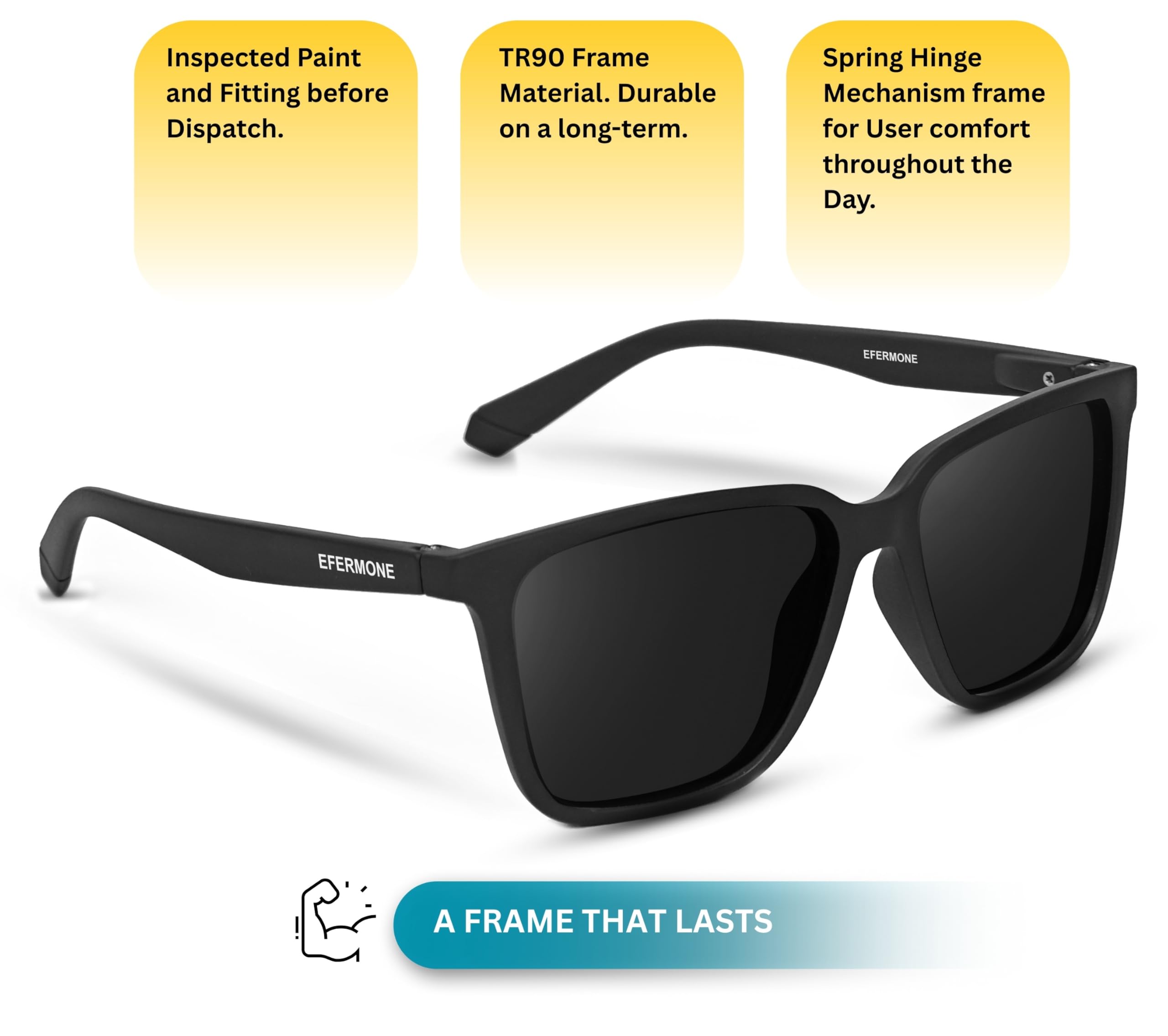 EFERMONE® Polarized Sunglasses for Men and Women 100% UV Protection Outdoor Travelling Sports Bikes Cars Driving and Hiking (Square | Medium) (MATT BLACK)