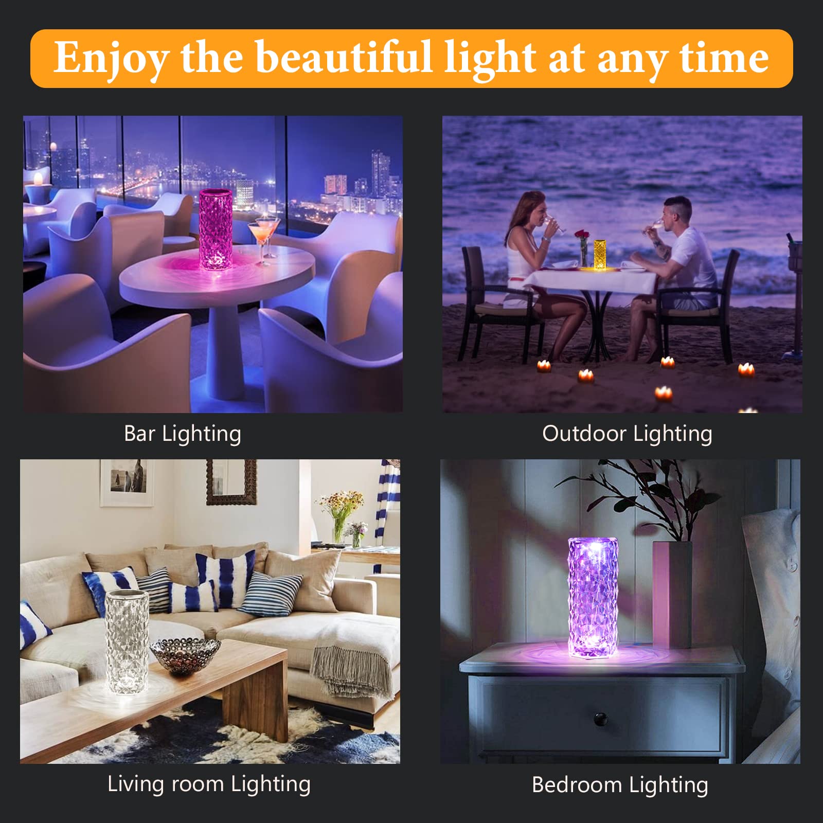Crystal Lamp, 16 Color Changing Rose Diamond Table Lamp, USB Rechargeable Touch Night Lamp with Remote Control for Bedroom, Living Room, Party Decor (Multicolor Pack of 1) LED