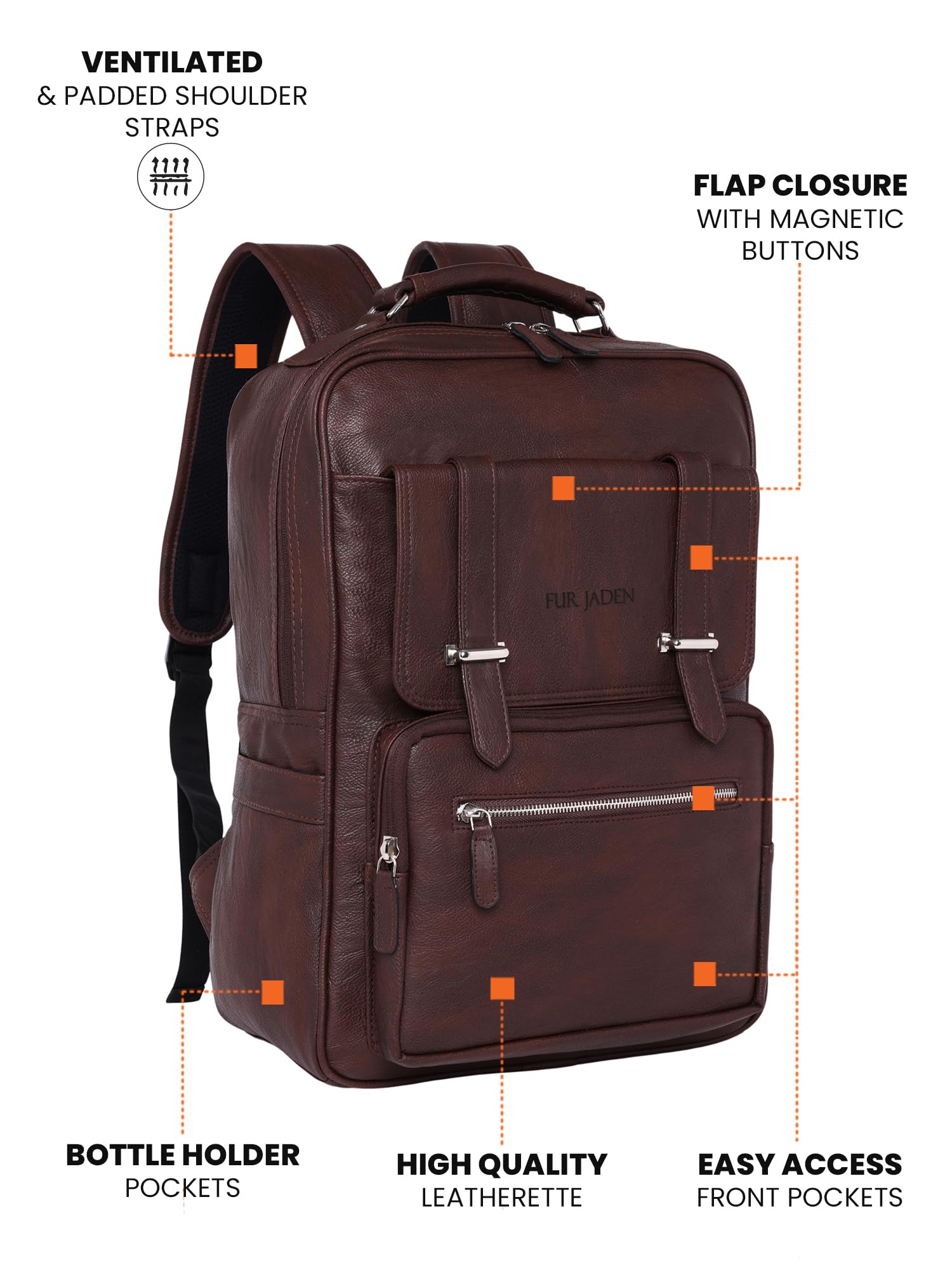 FUR JADEN Vegan Leather Stylish 15.6 Inch Laptop Backpack Travel Weekender Bag For Men Women (Brown)