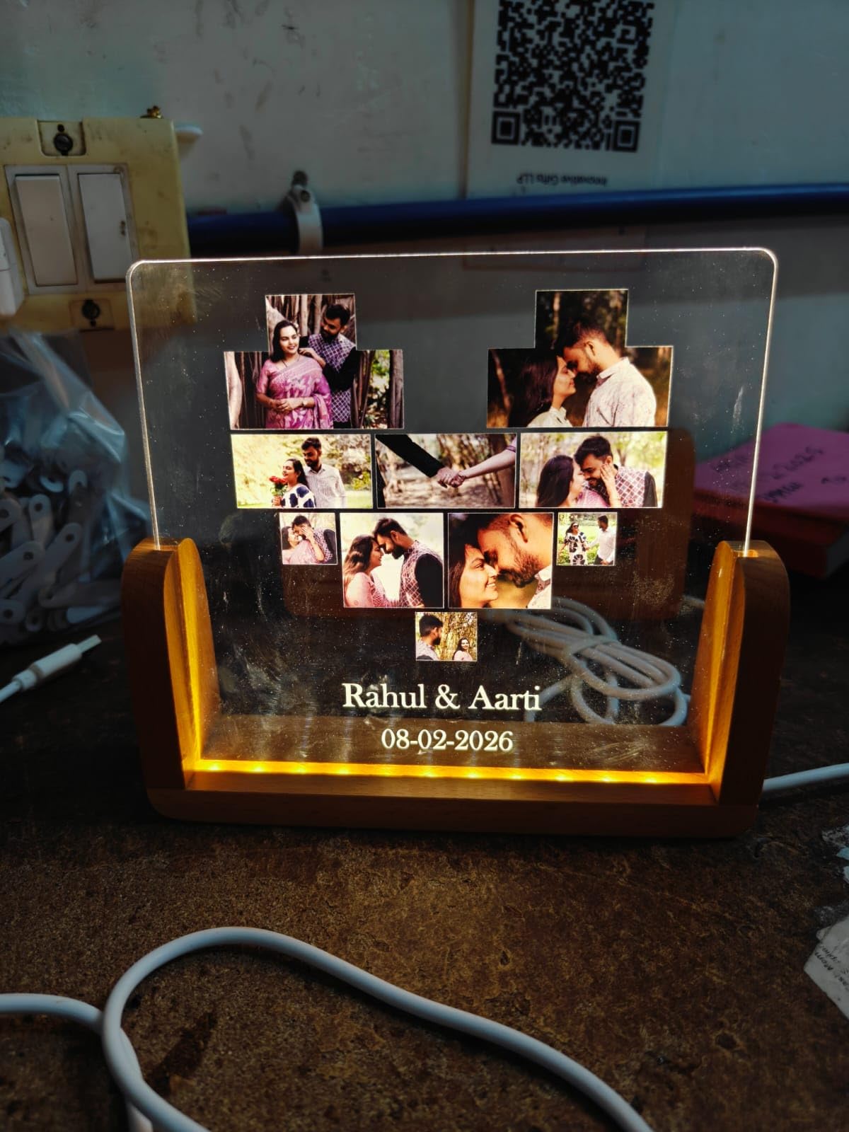 Innovative Gifts Personalized LED Photo Frame | Customized Acrylic Lamp with Warm Light & Wooden Base | Unique Wedding, Anniversary & Birthday Gift for Couples, Husband & Wife (Heart Theme, 8 Inches)