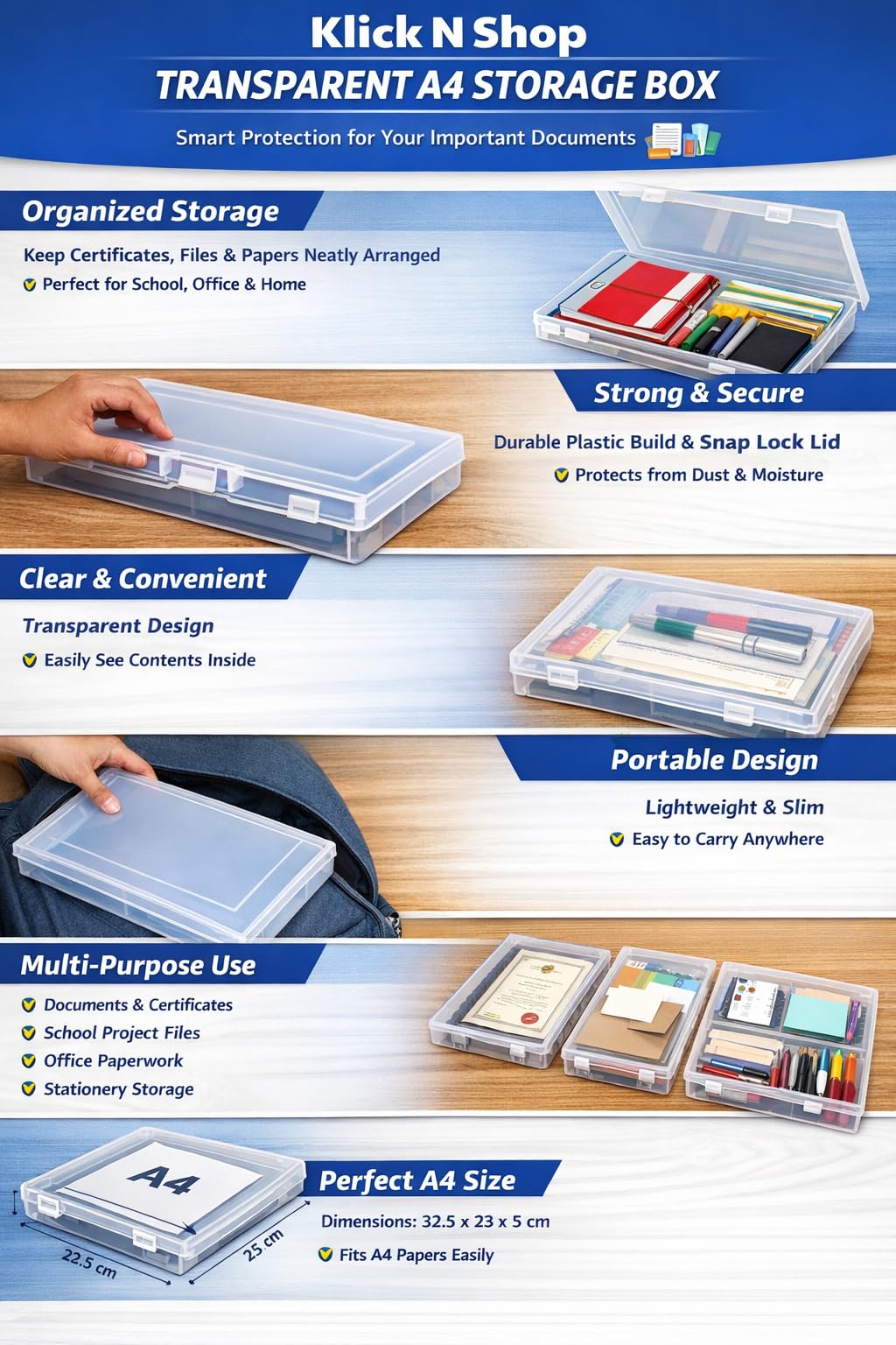 Klick n shop A4 Clear File Storage Box, Transparent Plastic Document Organizer with Latching Lid, Stackable Paper Holder for Office, School and Home (Pack of 1)