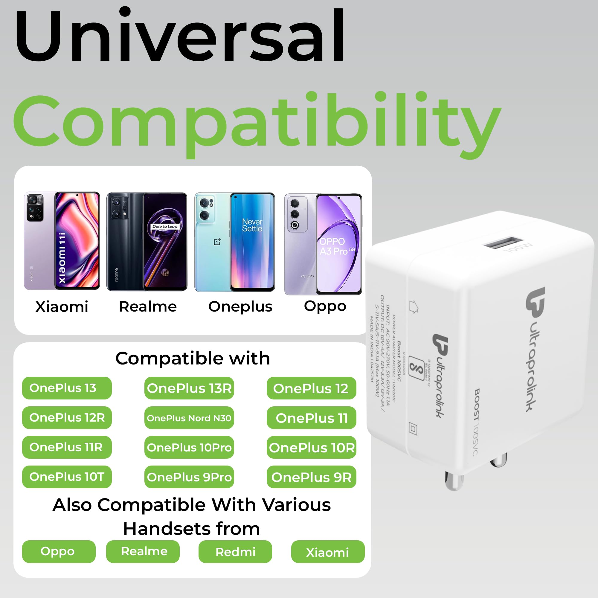 UltraProlink Boost 100SVC|100W SUPERVOOC Charger with Type-C Cable| Compatible with Oneplus, Oppo, Realme, Redmi,Xiaomi|1m USB A-C TPE Cable| Supports Dash, Warp, Vooc, SuperVooc,Dart|UM1201|White