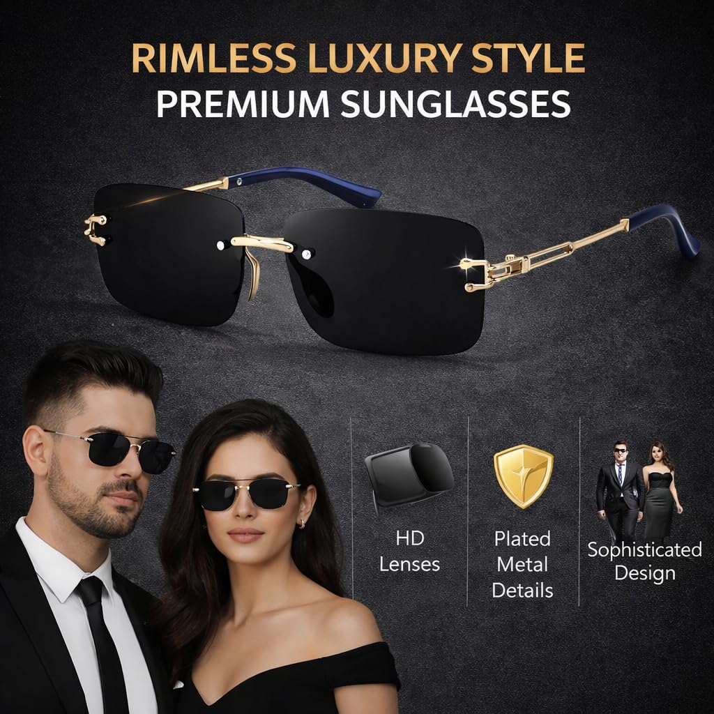 Dervin UV Protected Retro Rectangular Rimless Sunglasses for Men and Women (Black)