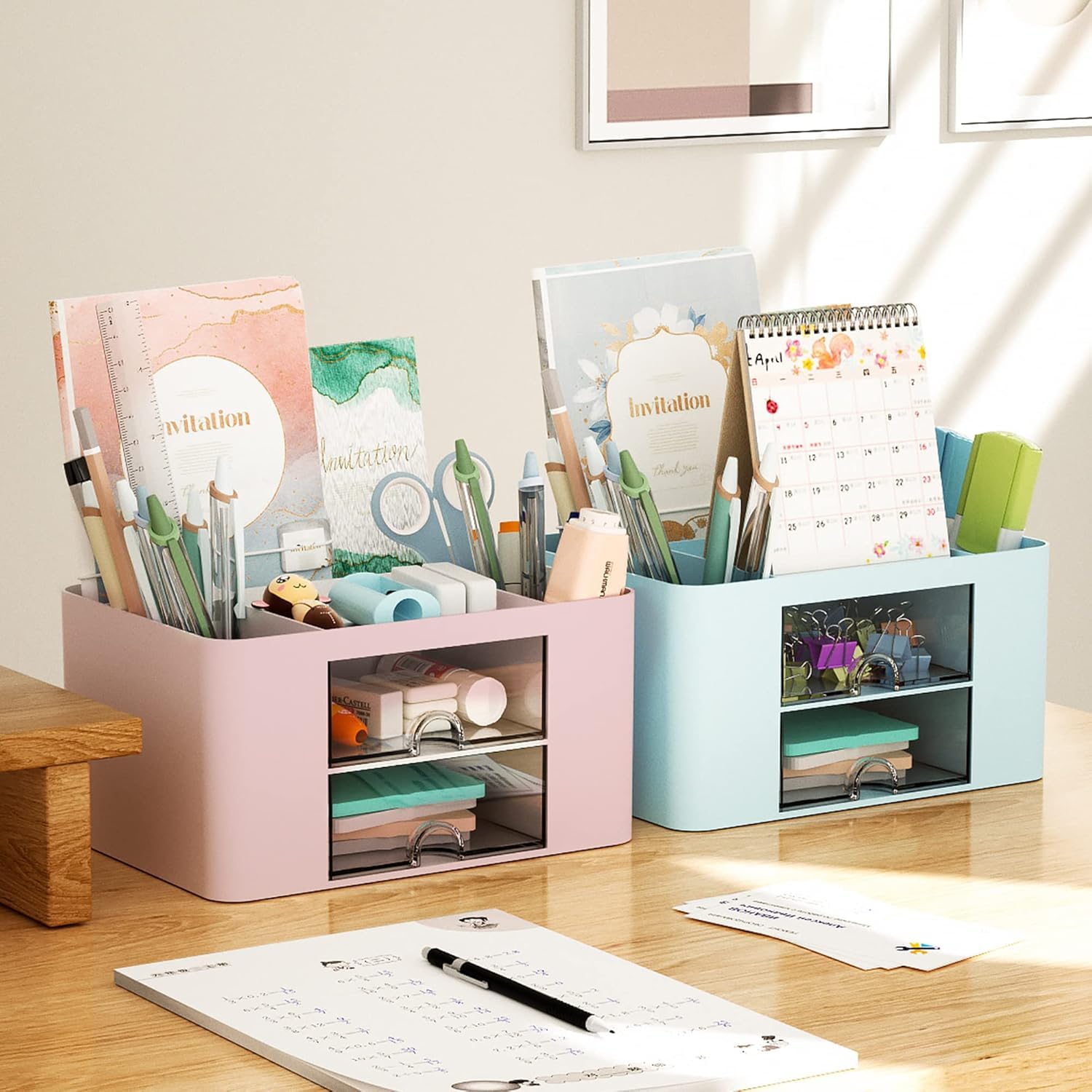 UCRAVO Office Desk Plastic Organizer with Drawer, All in One Office Supplies and Cool Desk Accessories Pen Holder, Enhance Your Decor, Desktop 5 Compartments & 2 Drawer Laddered Desk Organizer (Pink)