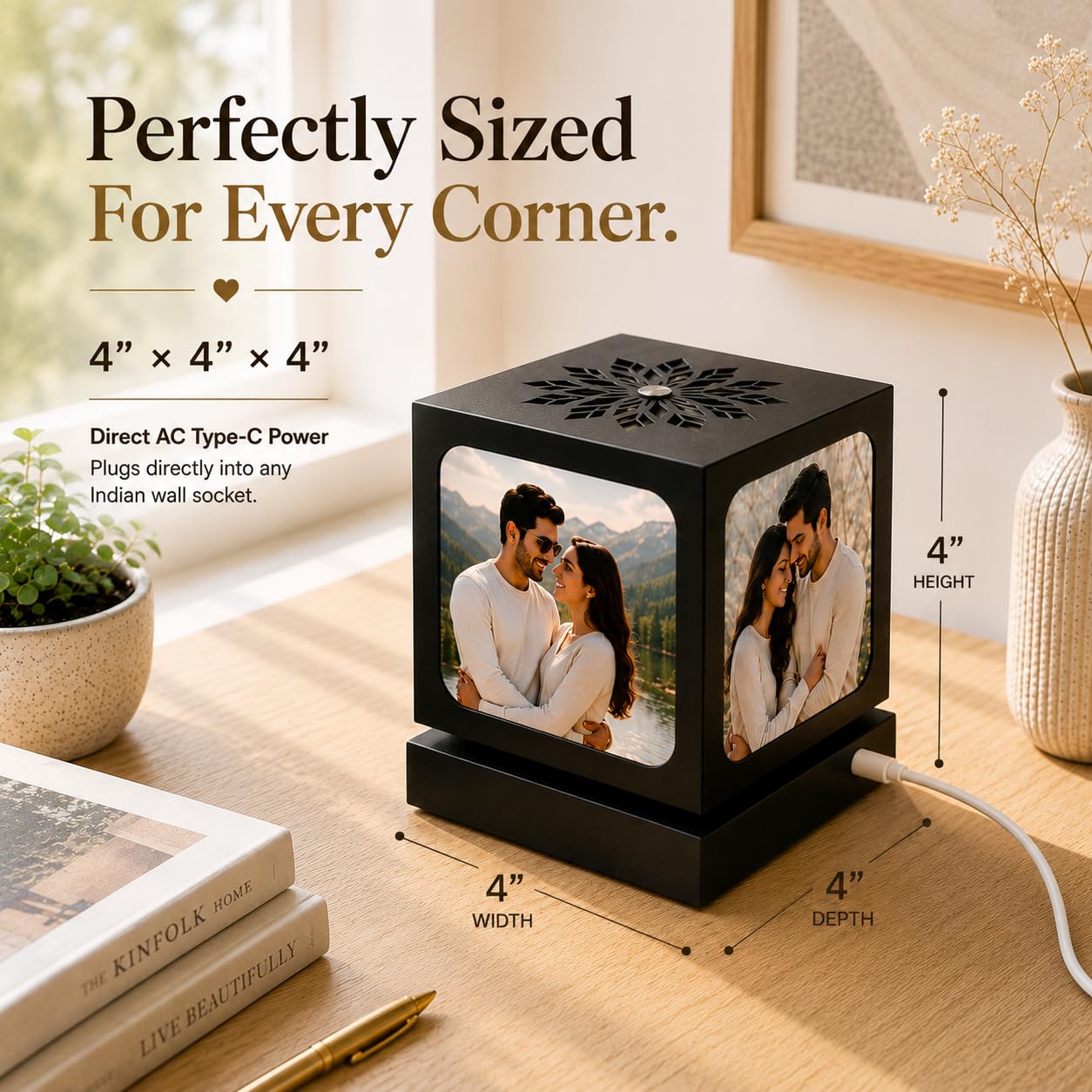 Personalized Rotating Photo Lamp with 4 Photos for Couples – Nostalgia, Romantic Anniversary Special Gifts for Wife, Husband & Girlfriend | Customized LED Memory Lamp for Birthday & Wedding