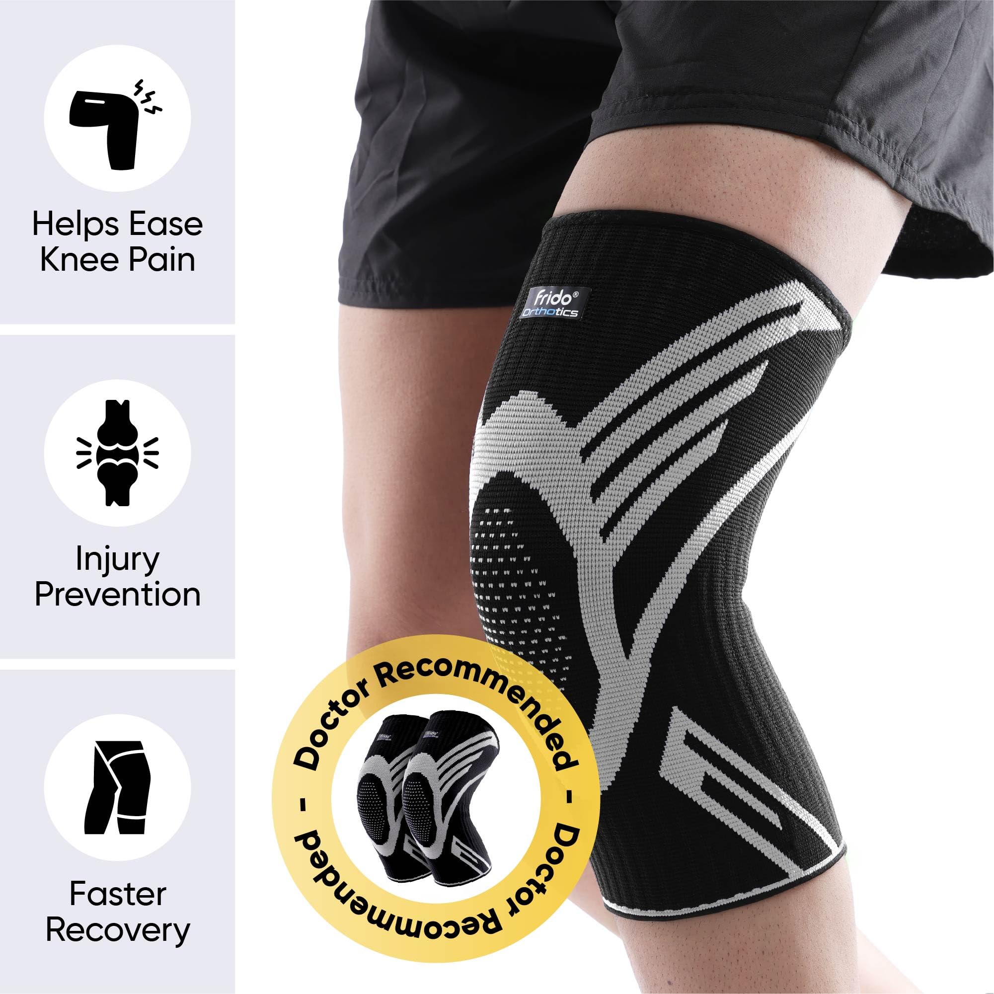 Frido Active Knee Cap Support for Men & Women | Active Compression for Pain Relief & Joint Support | Knee Sleeve for Gym, Running, Jogging, Sports & Workout | Anti-Sweat Knee Brace (1 Pair) Black, Large