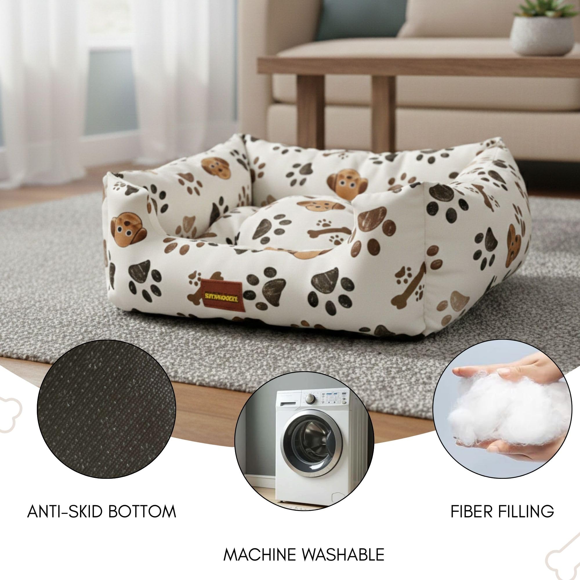 SITSNOOZE XXXL Dog Bed (45kg+) for Tibetan Mastiff, Saint Bernard, Bully Kutta - Giant Orthopedic Washable Mattress, Heavy Duty Calming Sofa Lounger, Waterproof Cushion (Beige Printed, XXXL)