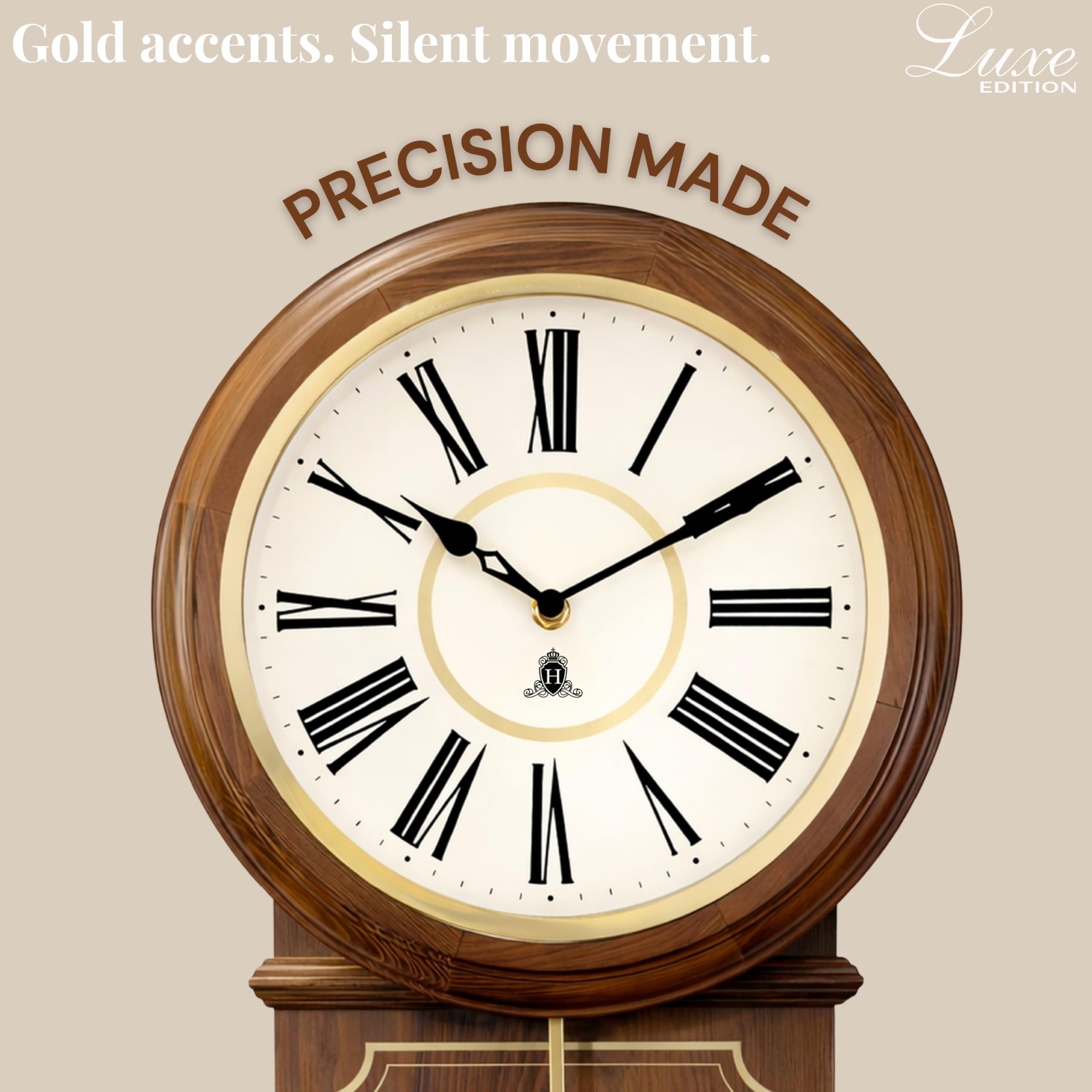 HARRIS & CO. CLOCKMASTERS Wooden Pendulum Wall Clock Luxe Edition 26.5 x 11.5 Inch | Silent Sweep Noiseless Movement | White Metal Roman Dial | Gold Accents & HD Clear Glass | Model-Hyde Park