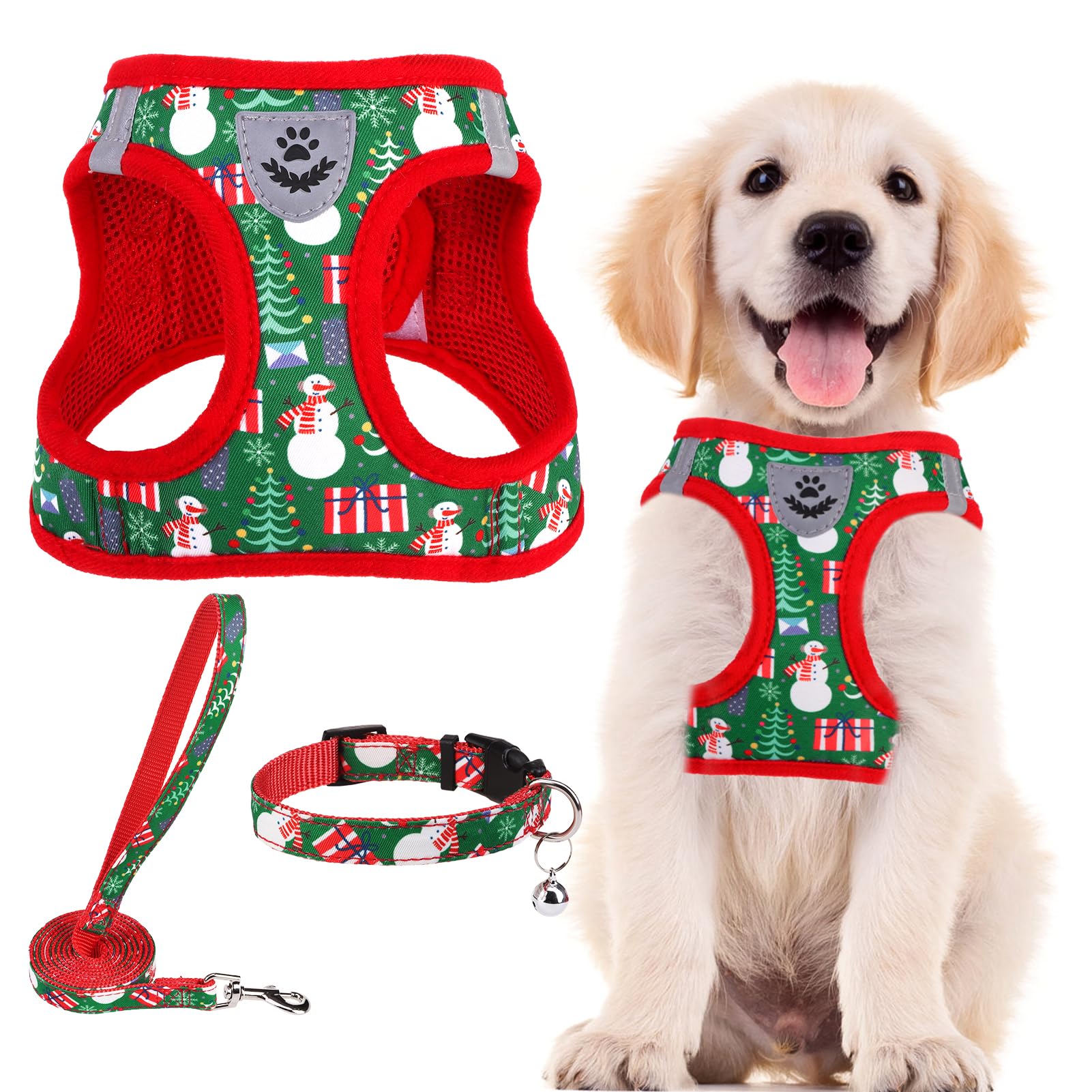 PUPTECK Adjustable Dog Harness Collar and Leash Set Step in No Pull Pet Harness for Small Medium Dogs Puppy and Cats Outdoor Walking Running, Soft Mesh Padded Reflective Vest Harnesses, Christmas, S