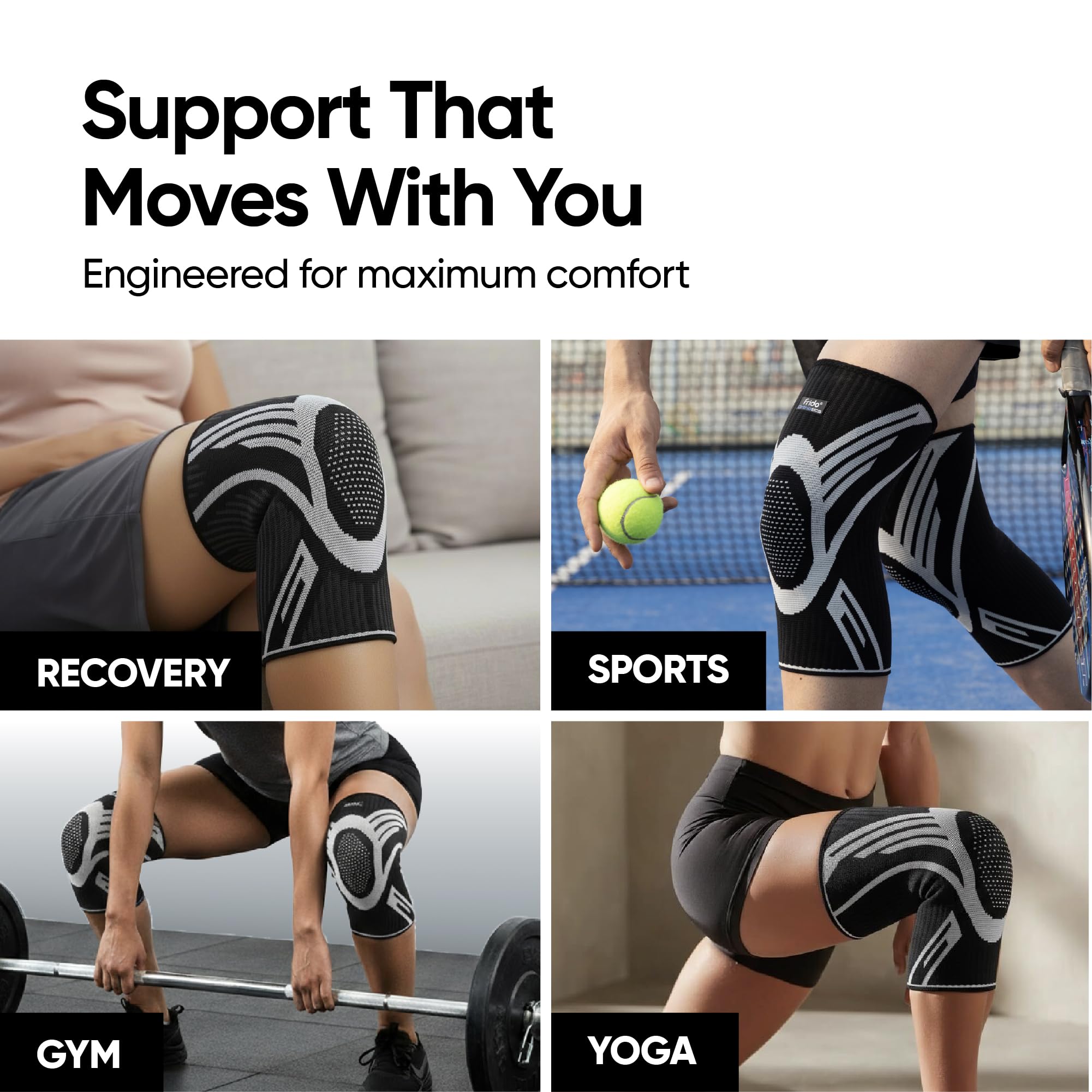 Frido Active Knee Cap Support for Men & Women | Active Compression for Pain Relief & Joint Support | Knee Sleeve for Gym, Running, Jogging, Sports & Workout | Anti-Sweat Knee Brace (1 Pair) Black, Large