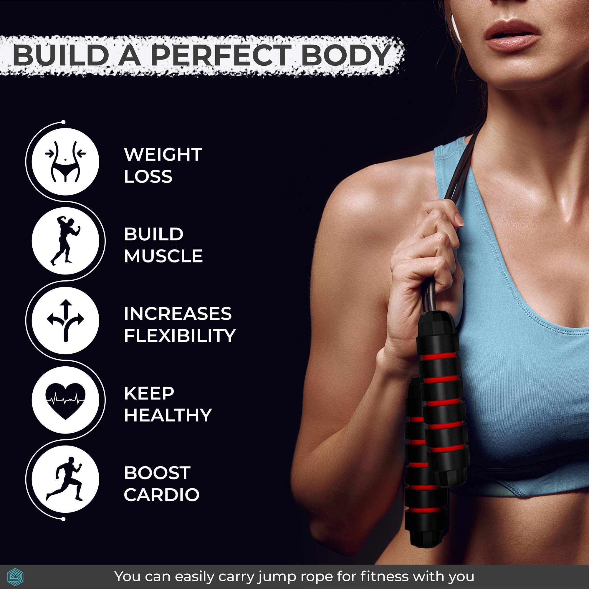 Boldfit Skipping Rope for Men and Women Jumping Rope With Adjustable Height Speed Skipping Rope for Exercise, Gym, Sports Fitness with Weight Bars Adjustable Jump Rope with Weight Bars - Red Black