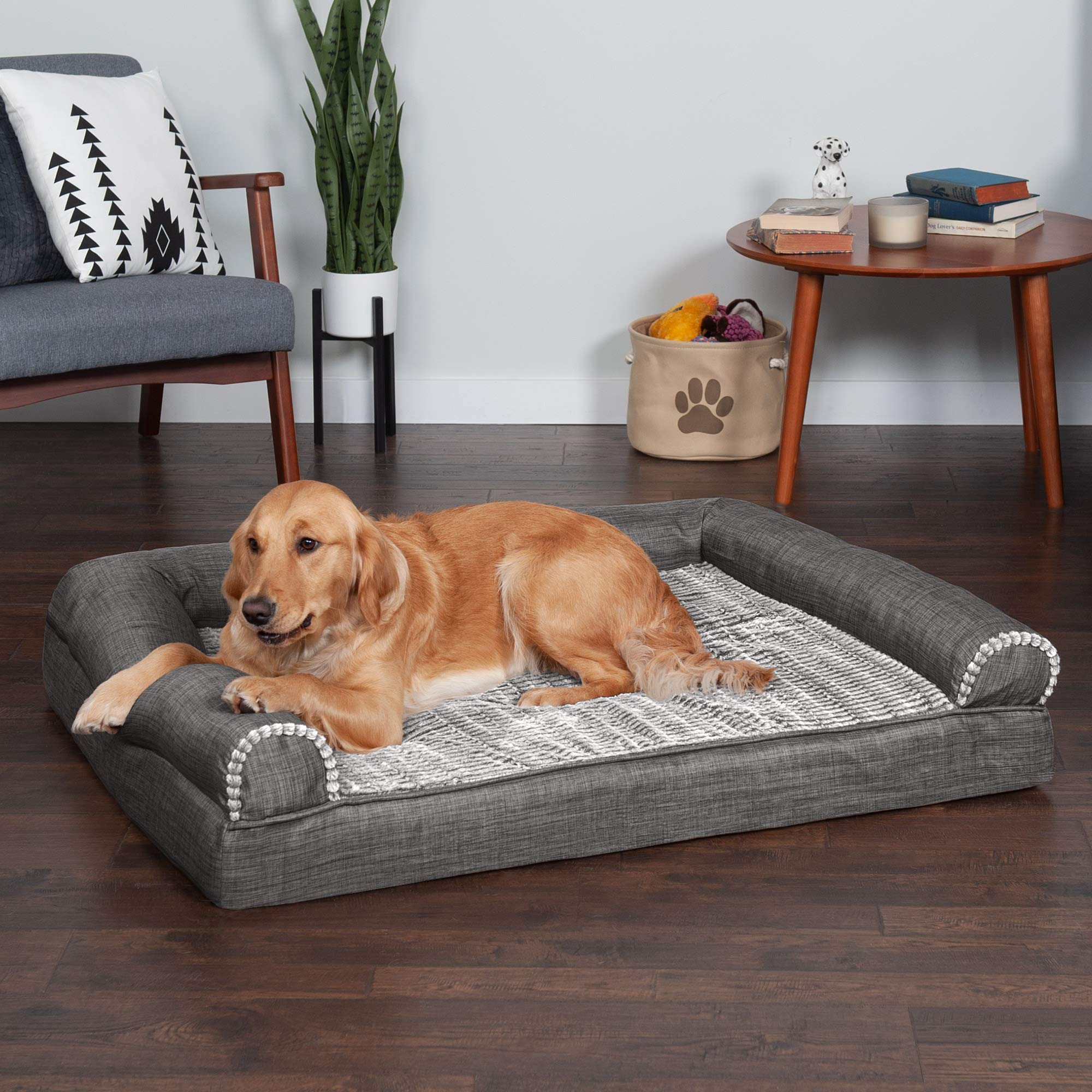 Furhaven Pet Bed for Dogs and Cats - Luxe Fur and Performance Linen Sofa-Style Cooling Gel Foam Dog Bed, Removable Machine Washable Cover - Charcoal, Jumbo (X-Large)