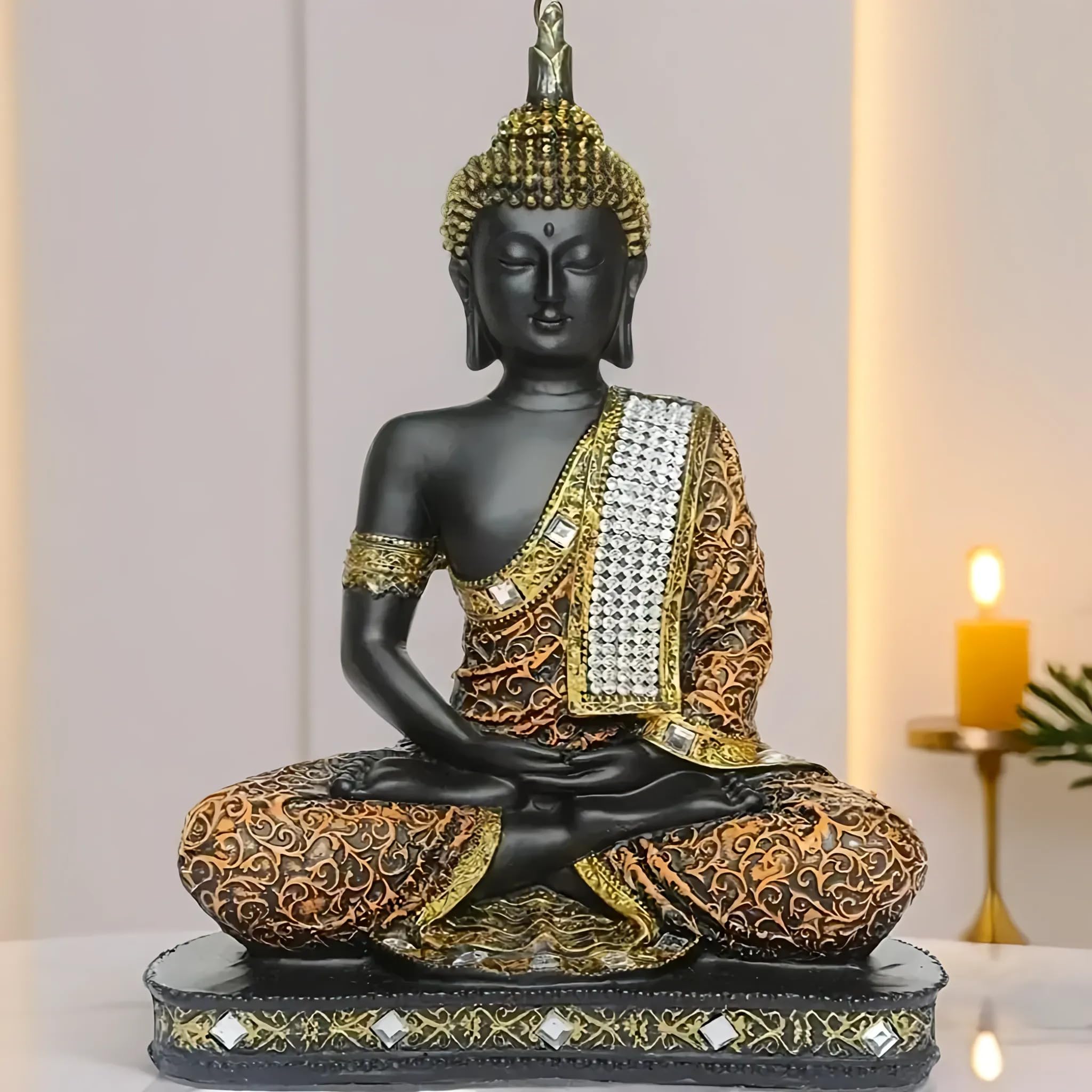 Global Grabbers New Limited Edition 25 Centimetre Meditating Sitting Buddha Idol Statue showpiece Home Decor Decoration Items for Living Room and Gifts (1, Orange Black)
