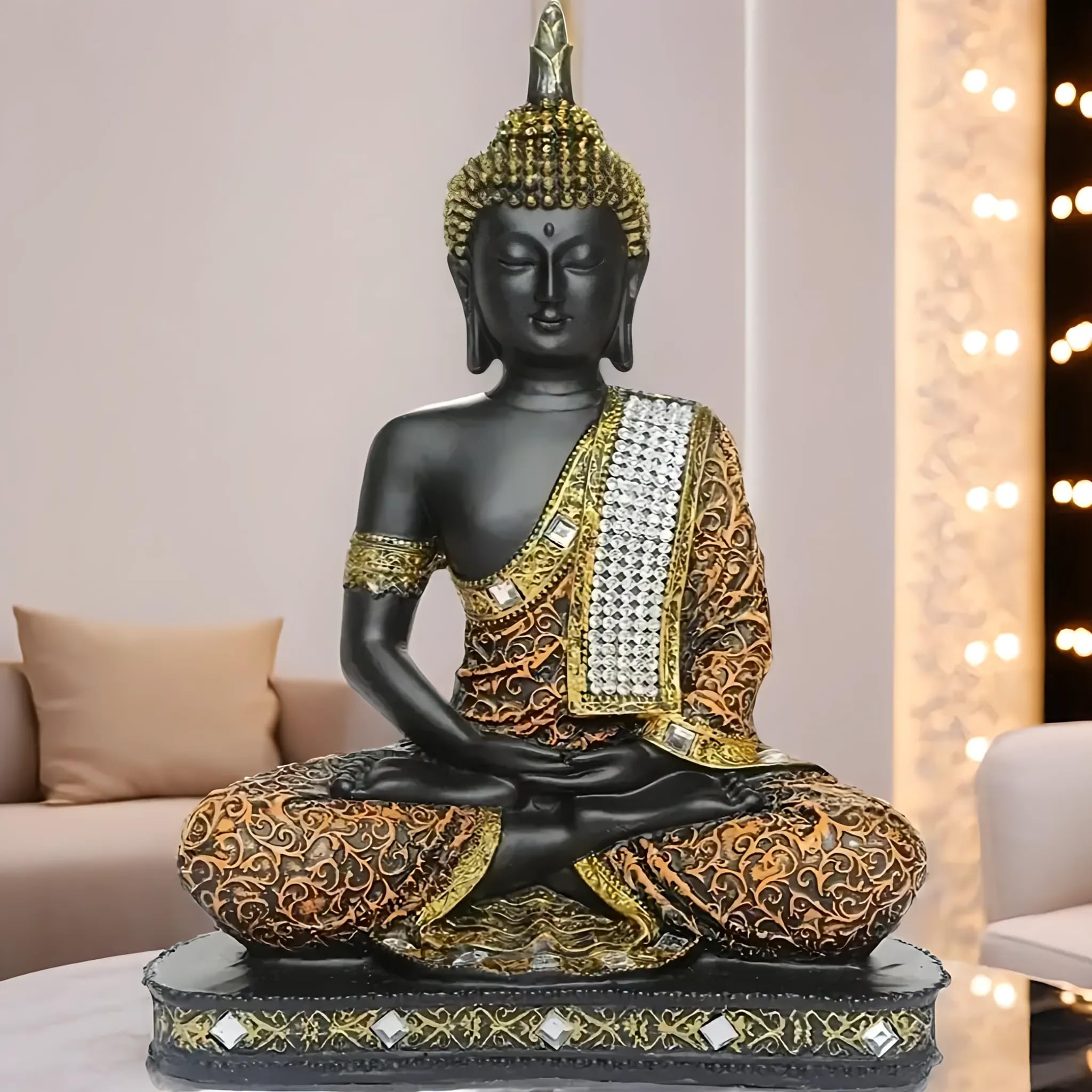 Global Grabbers New Limited Edition 25 Centimetre Meditating Sitting Buddha Idol Statue showpiece Home Decor Decoration Items for Living Room and Gifts (1, Orange Black)