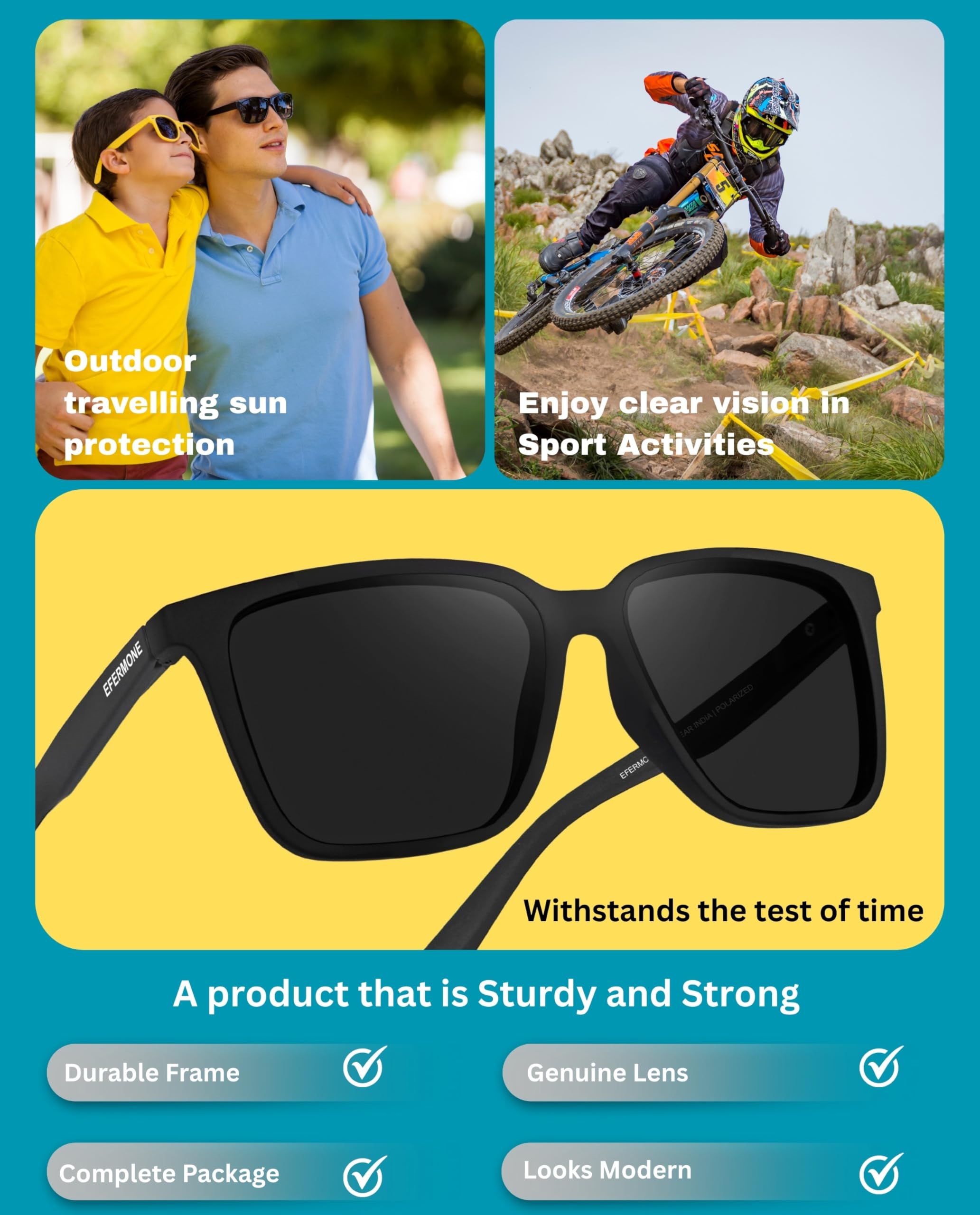 EFERMONE® Polarized Sunglasses for Men and Women 100% UV Protection Outdoor Travelling Sports Bikes Cars Driving and Hiking (Square | Medium) (MATT BLACK)