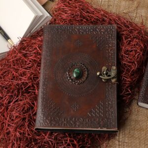 ALCRAFT Real Leather Green Stone Brown Embossed Handmade Diary with Metal Lock -Size of (H) 6*(L) 4.5 Brown