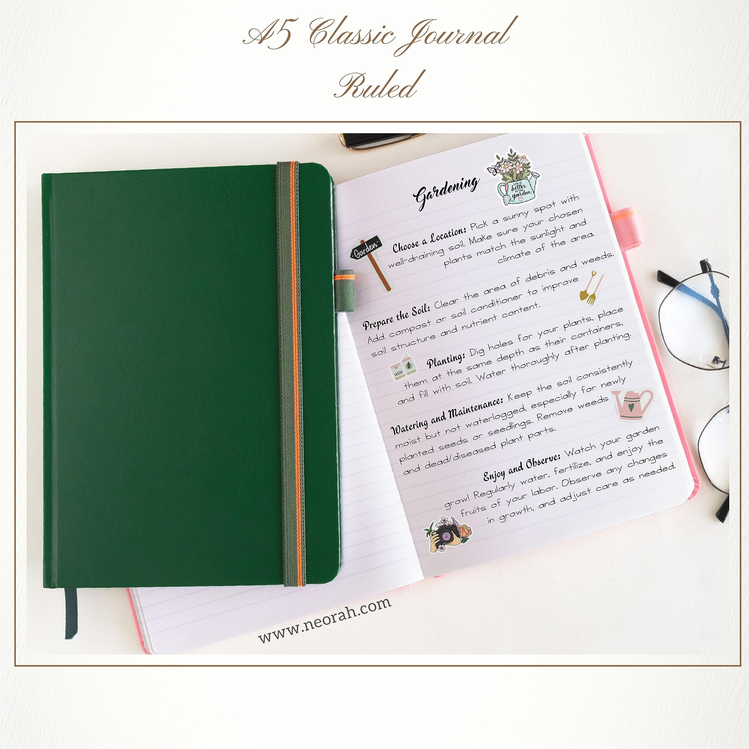 NEORAH — A5 Ruled Classic Notebook -110 Gsm (210x148mm) -Hardcover Ruled Journal| Includes Book Marks| BackPocket |Sticker Label - Office Notebook Journal 160pages | Completely HANDMADE (DARK GREEN)